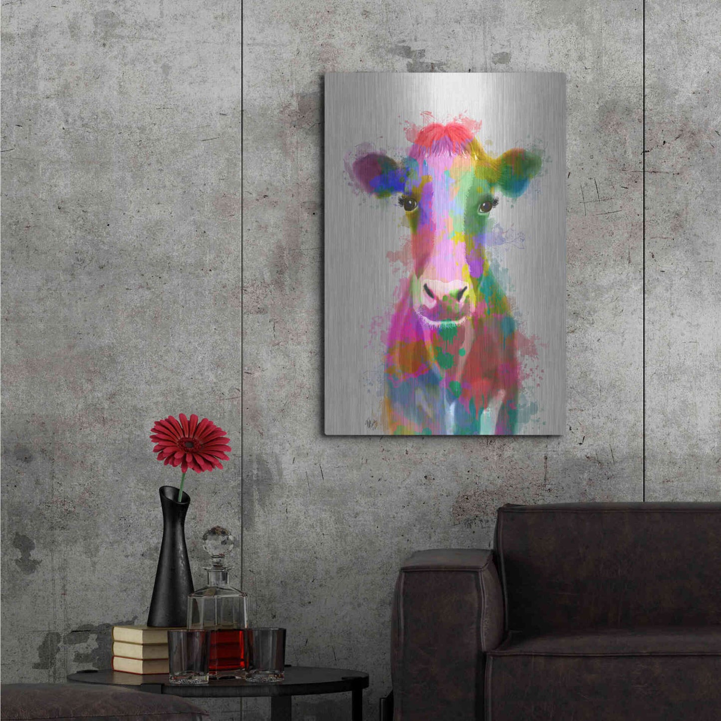 Luxe Metal Art 'Rainbow Splash Cow' by Fab Funky Metal Wall Art,24x36