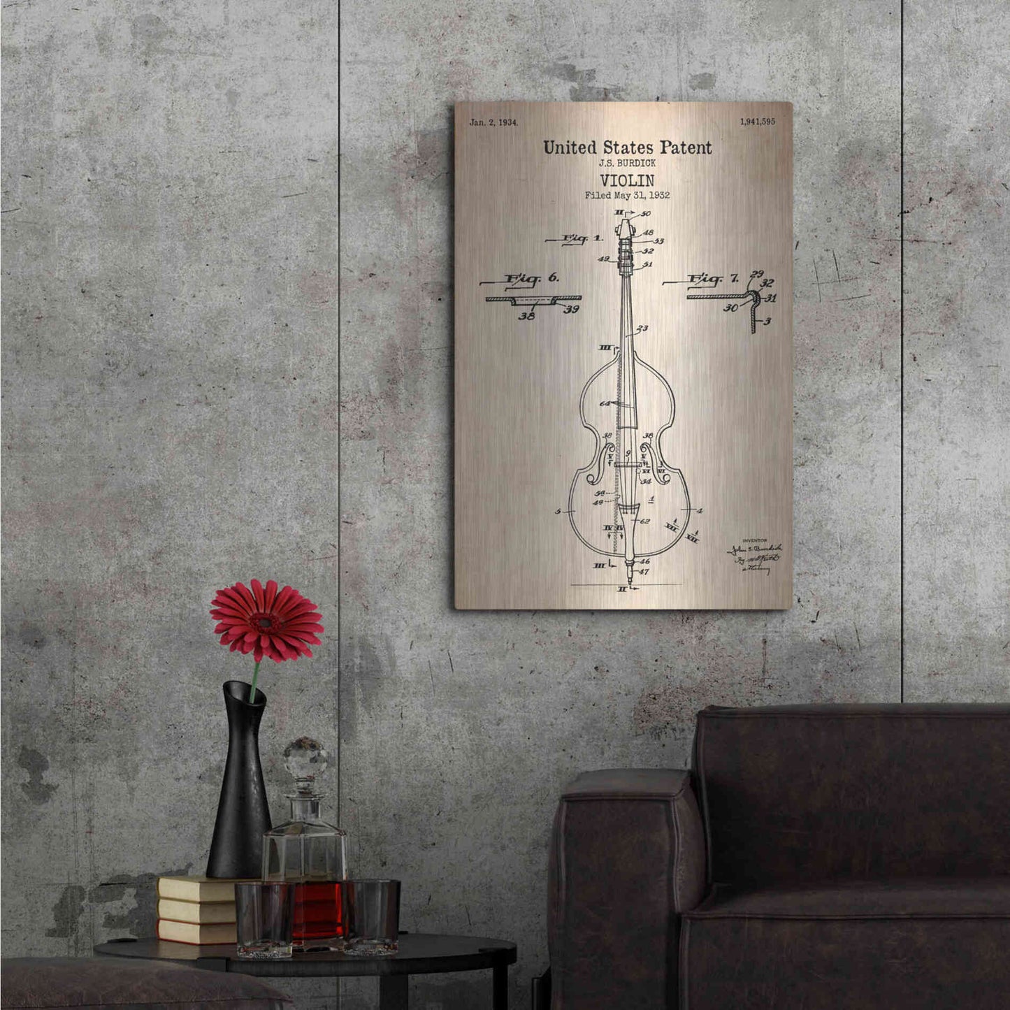 Luxe Metal Art 'Violin Blueprint Patent Parchment' Metal Wall Art,24x36