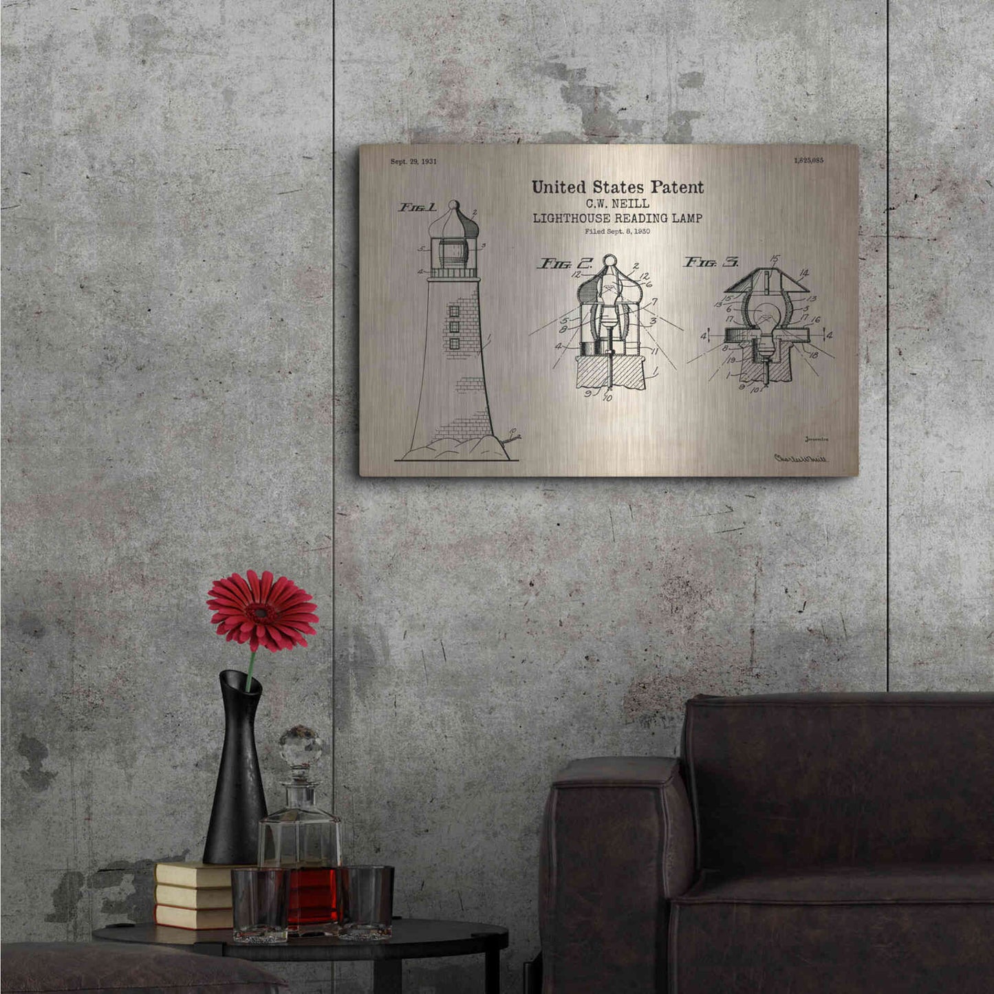 Luxe Metal Art 'Lighthouse Reading Lamp Blueprint Patent Parchment' Metal Wall Art,36x24