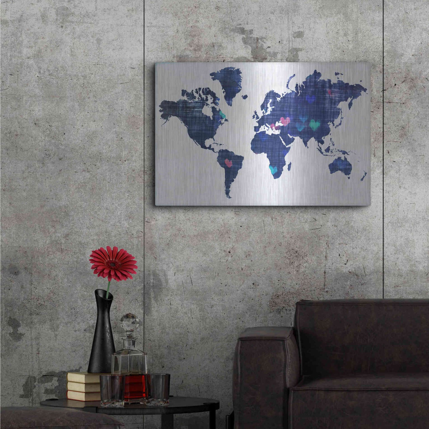 Luxe Metal Art 'Hearts World Map 3' by Irena Orlov, Metal Wall Art,36x24
