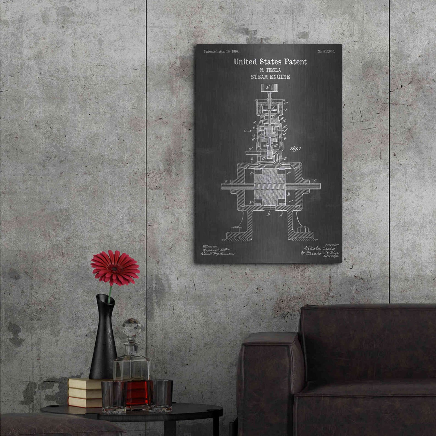 Luxe Metal Art 'Tesla Steam Engine Blueprint Patent Chalkboard' Metal Wall Art,24x36
