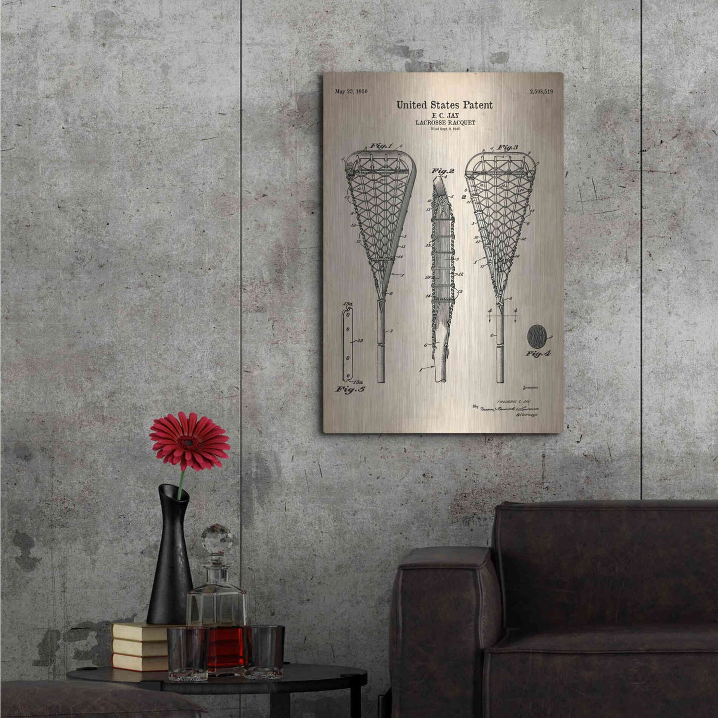 Luxe Metal Art 'Lacrosse Racquet Blueprint Patent Parchment' Metal Wall Art,24x36
