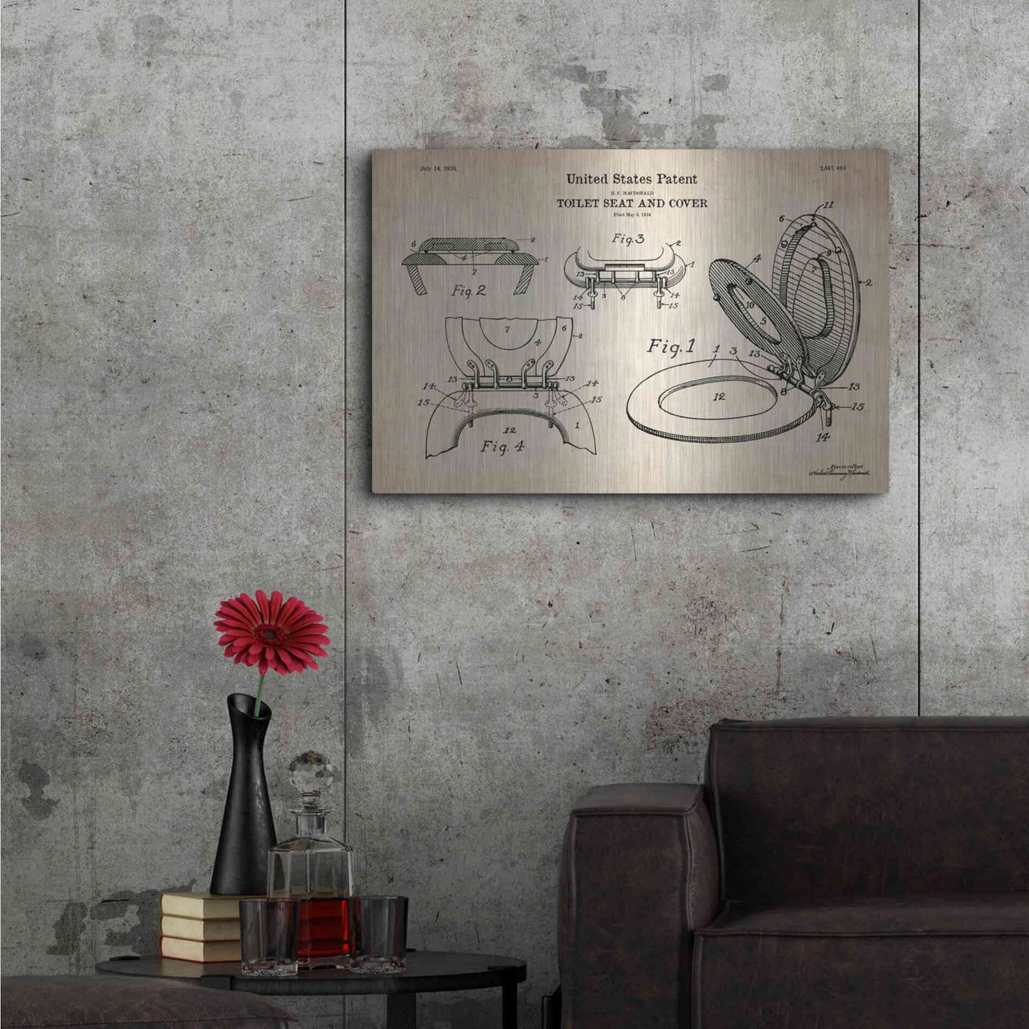 Luxe Metal Art 'Toilet Seat Cover Blueprint Patent Parchment' Metal Wall Art,36x24