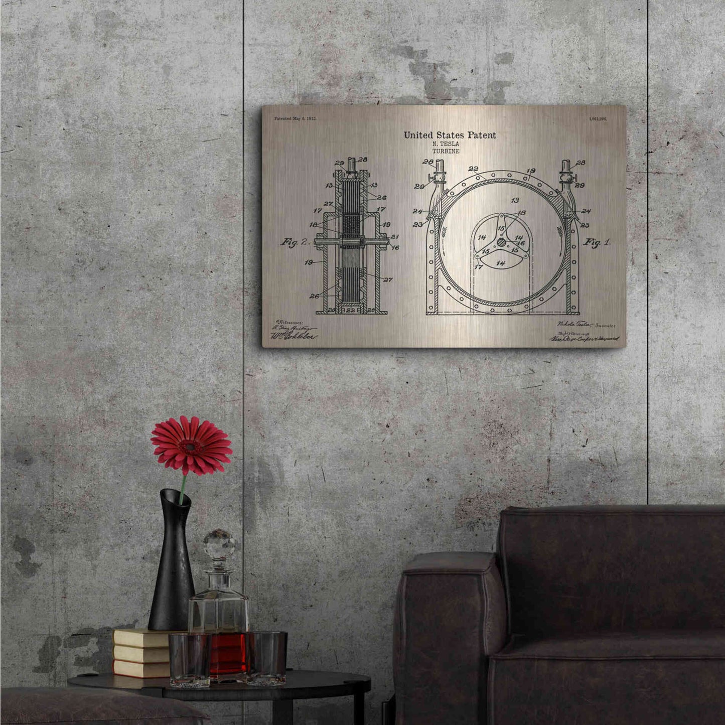 Luxe Metal Art 'Tesla Turbine Blueprint Patent Parchment' Metal Wall Art,36x24
