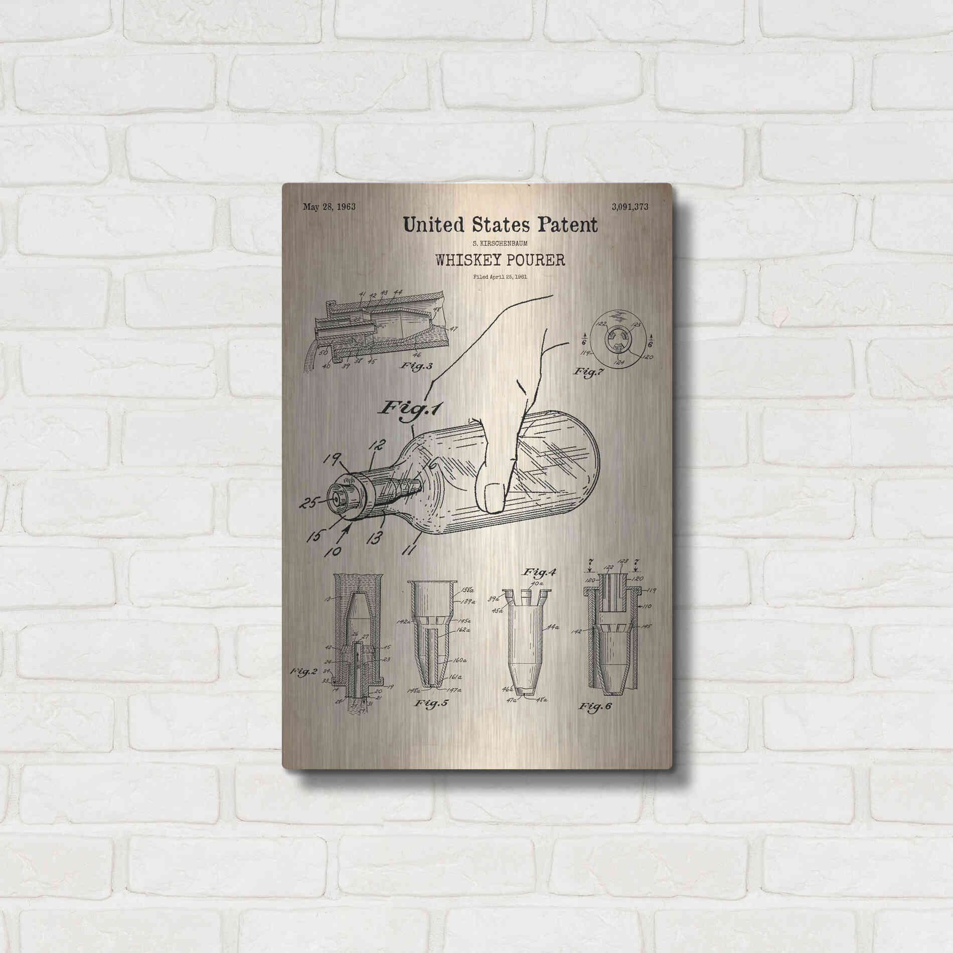 Luxe Metal Art 'Whiskey Pourer Blueprint Patent Parchment' Metal Wall Art,16x24