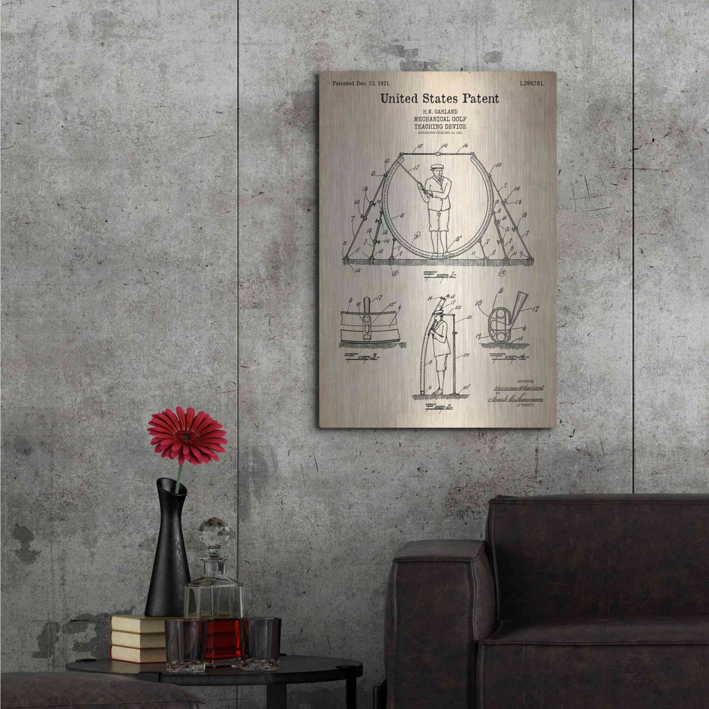 Luxe Metal Art 'Golf Teaching Device Blueprint Patent Parchment' Metal Wall Art,24x36