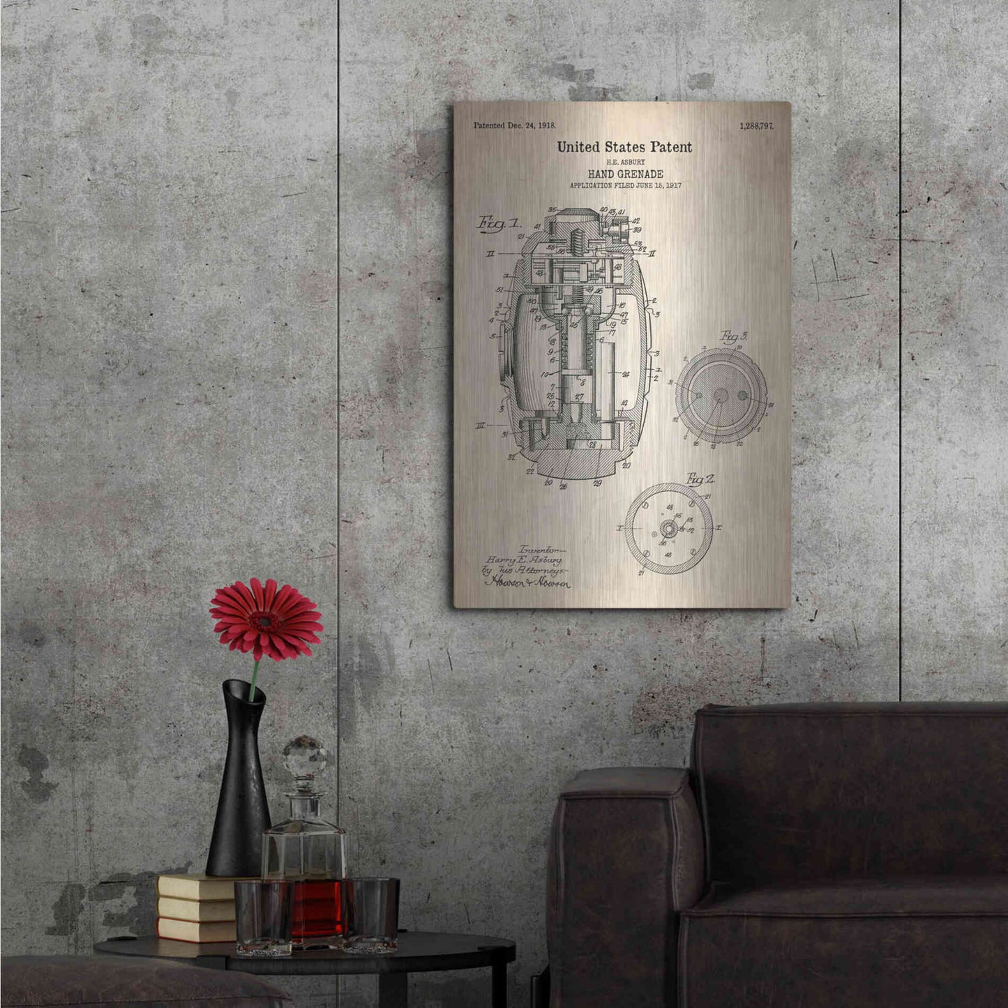 Luxe Metal Art 'Hand Grenade Blueprint Patent Parchment' Metal Wall Art,24x36