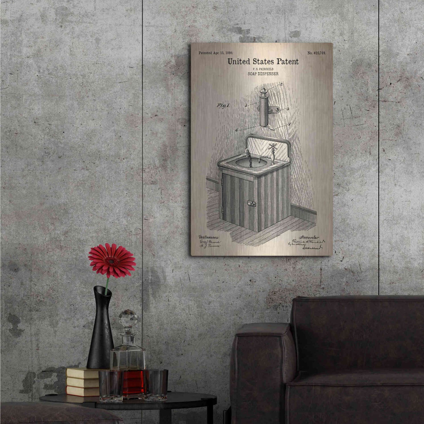 Luxe Metal Art 'Soap Dispenser Blueprint Patent Parchment' Metal Wall Art,24x36