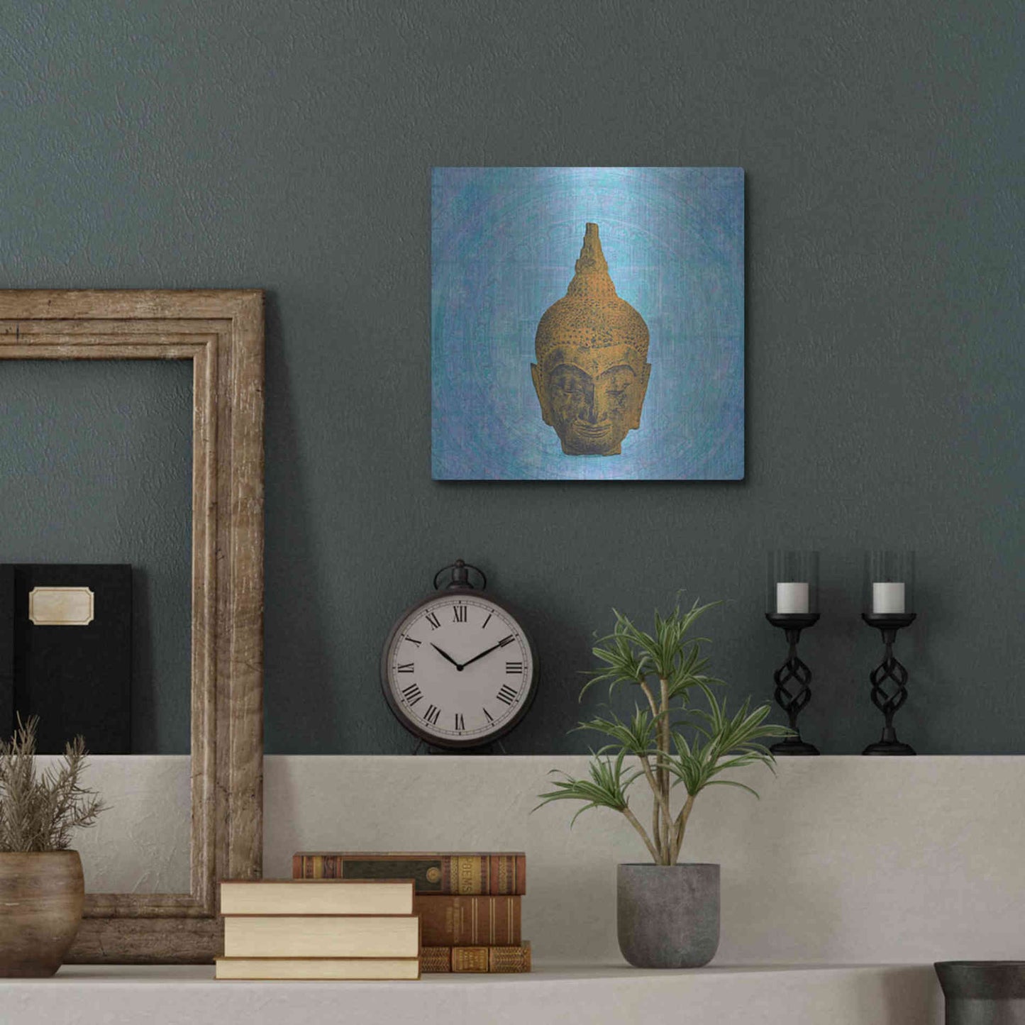 Luxe Metal Art 'Buddha on Blue' by Elena Ray, Metal Wall Art,12x12