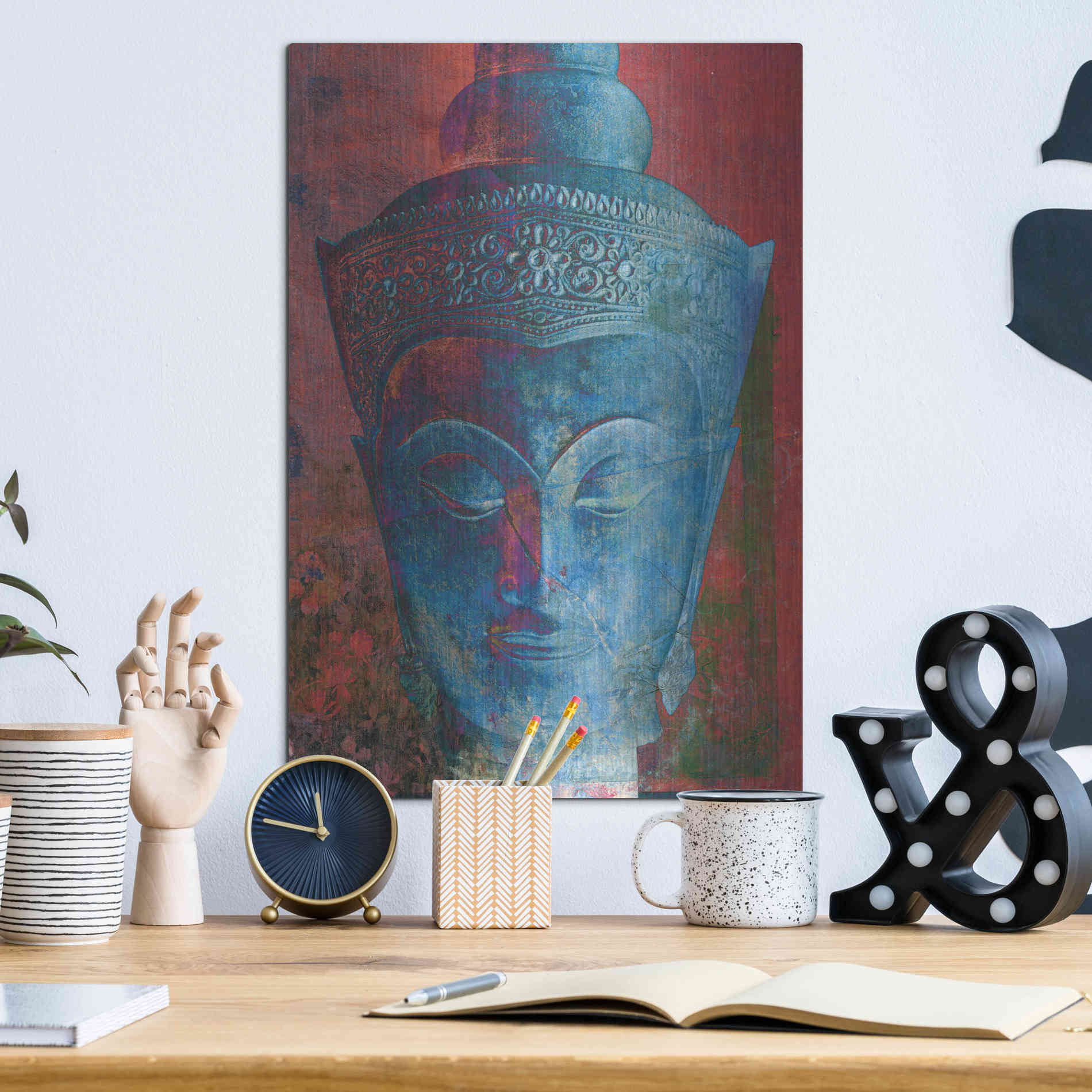 Luxe Metal Art 'Blue Buddha Head' by Elena Ray, Metal Wall Art,12x16