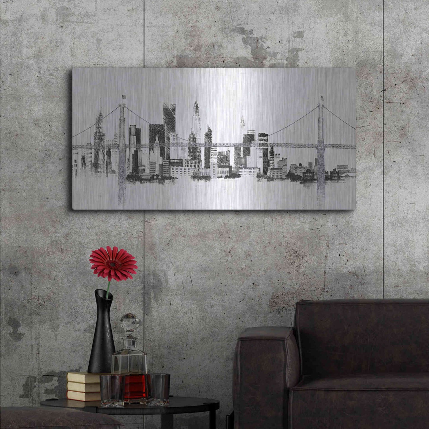 Luxe Metal Art 'Bridge And Skyline Silver' by Avery Tillmon, Metal Wall Art,48x24