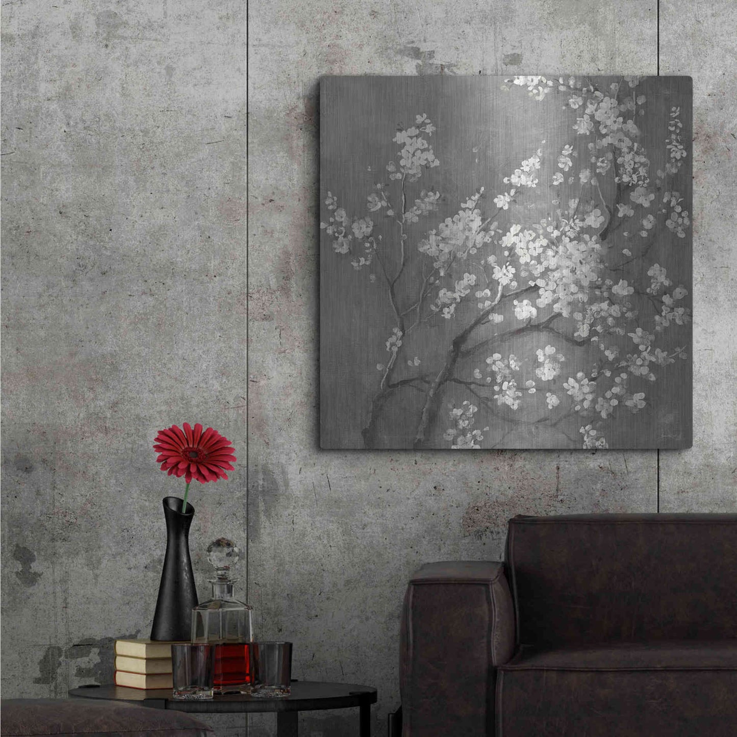 Luxe Metal Art 'White Cherry Blossom I on Grey' by Danhui Nai, Metal Wall Art,36x36