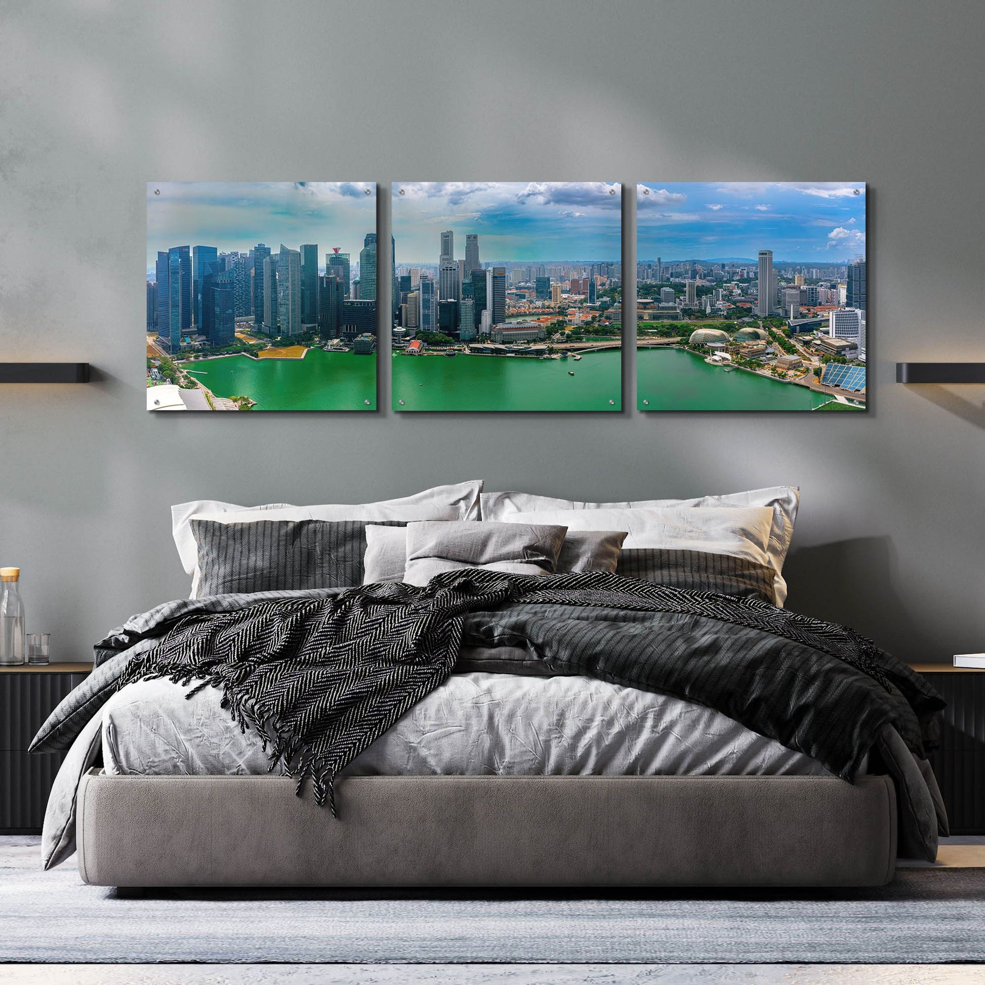 Epic Art 'Singapore Skyline' by Epic Portfolio, Acrylic Glass Wall Art 3 Piece,72x24