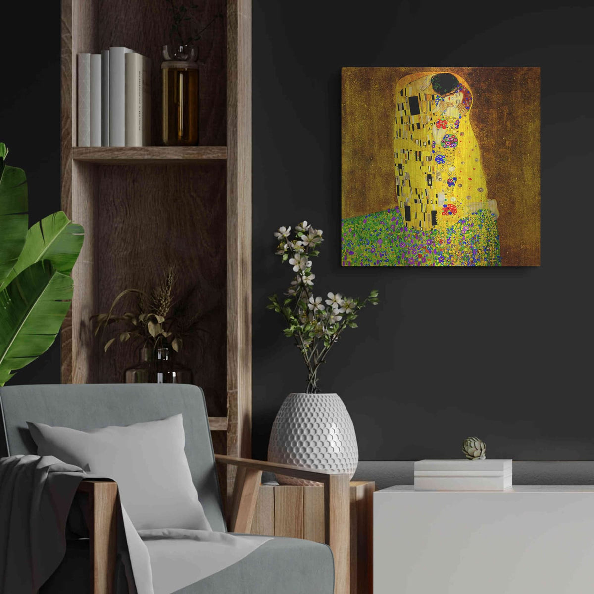 'The Kiss' by Gustav Klimt – Metal Wall Art, 24x24 room view