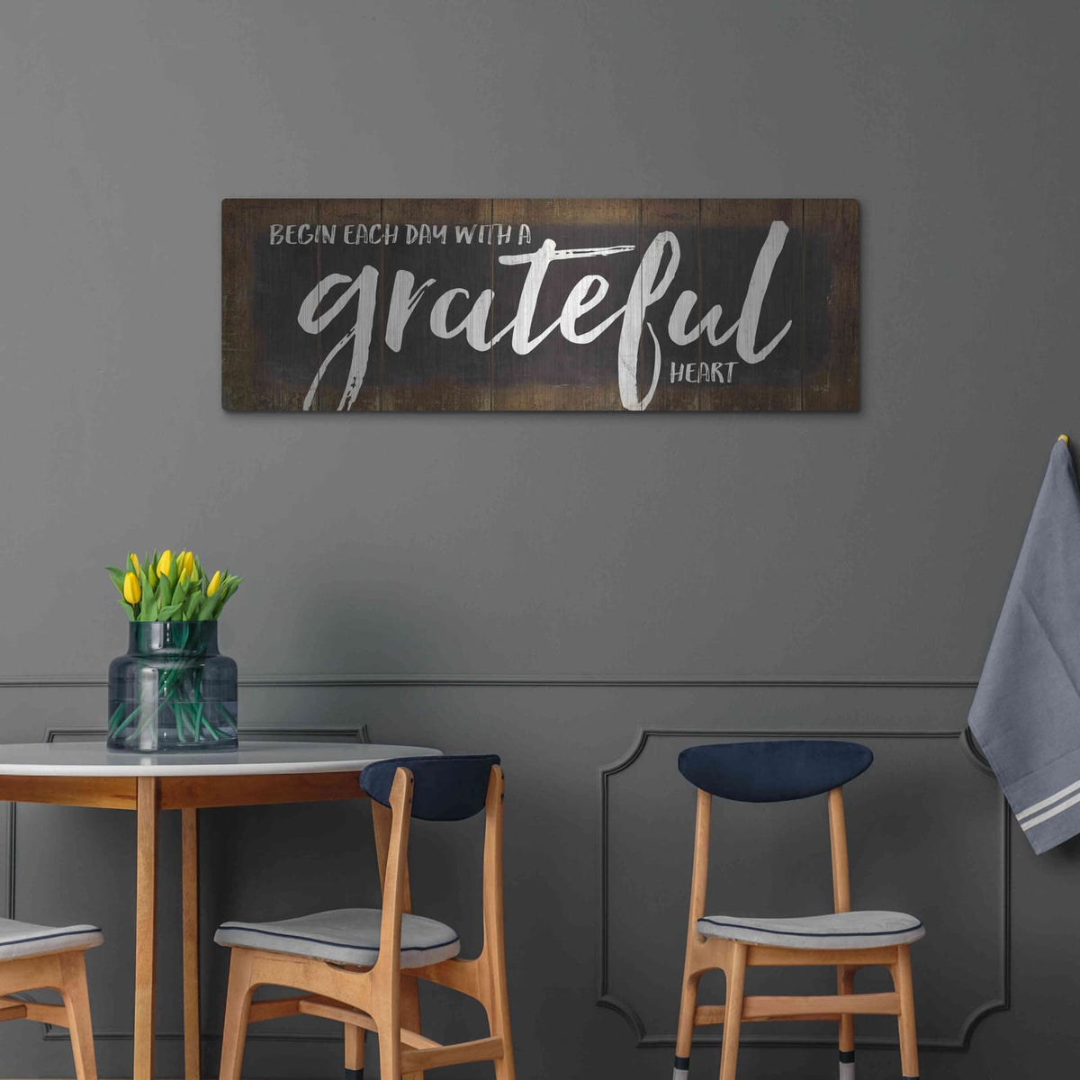 'Begin Each Day with a Grateful Heart' by Marla Rae – Metal Wall Art, 48x16 room view