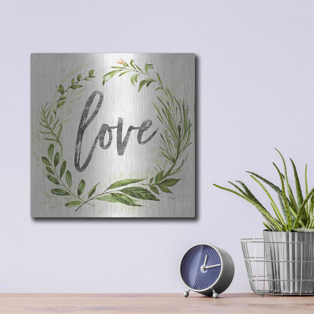 'Love Greenery Wreath' by Marla Rae – Metal Wall Art, 12x12 room view