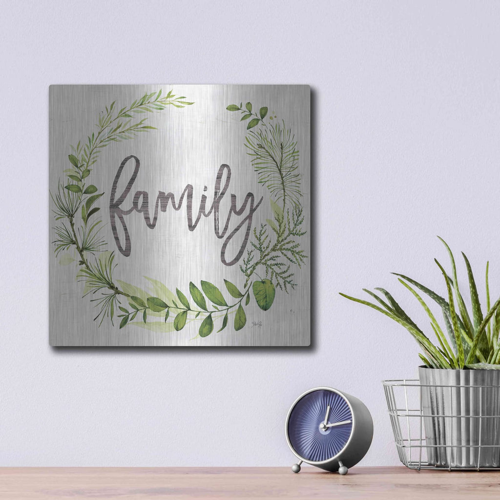 'Family Greenery Wreath' by Marla Rae – Metal Wall Art, 12x12 room view