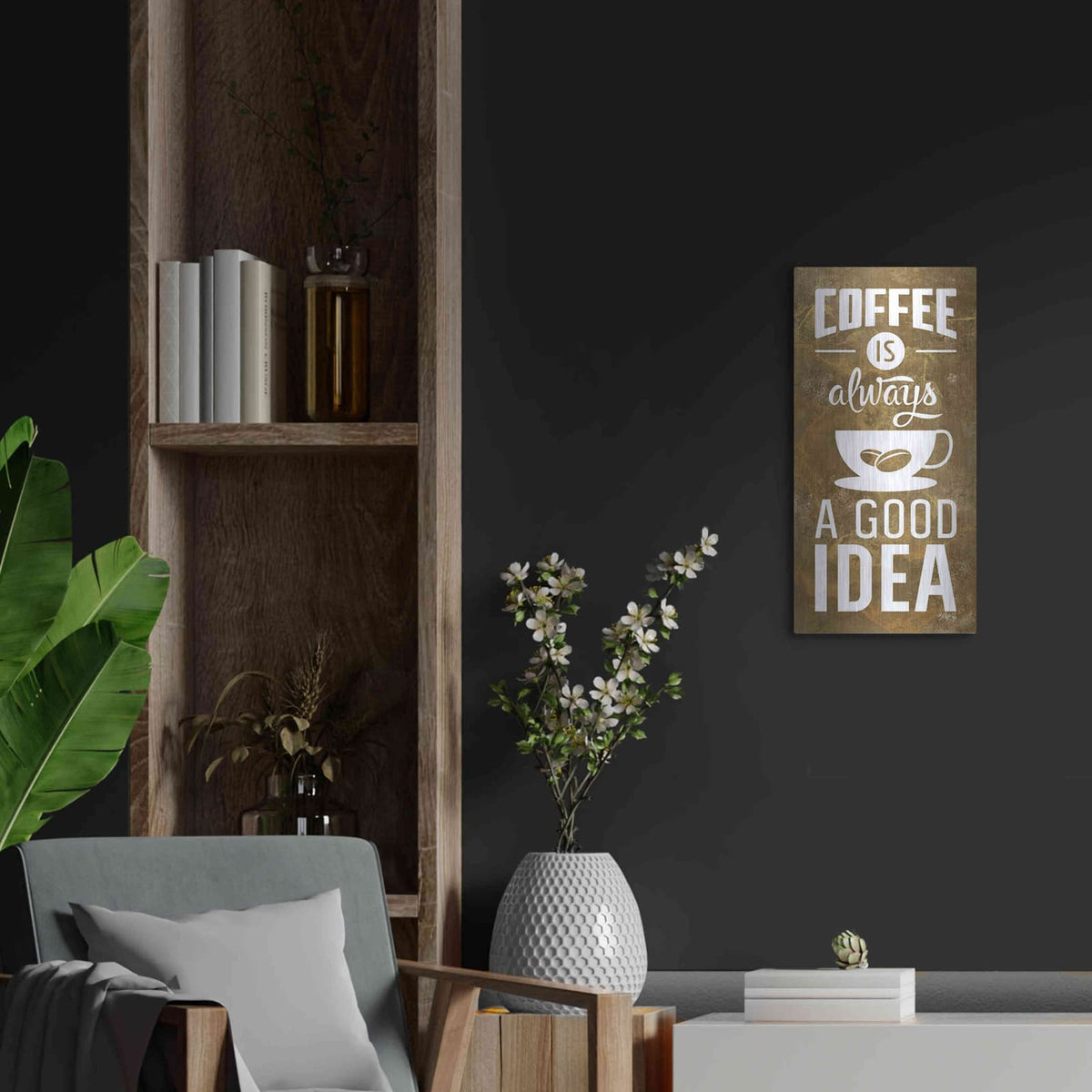 'Coffee is Always a Good Idea' by Marla Rae – Metal Wall Art, 12x24 room view