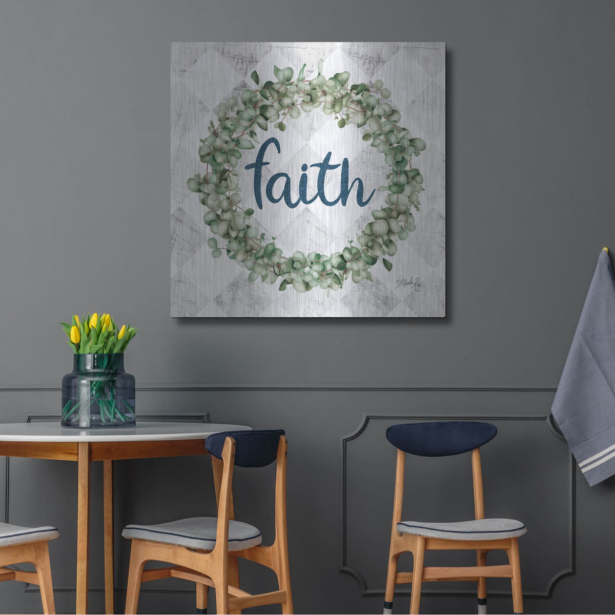 'Faith Eucalyptus Wreath' by Marla Rae – Metal Wall Art, 36x36 room view