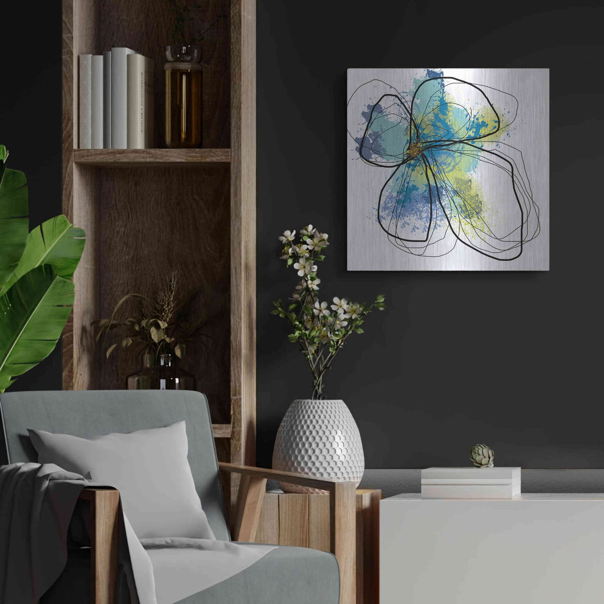 'Azure Petals I' by Jan Weiss – Metal Wall Art, 24x24 room view