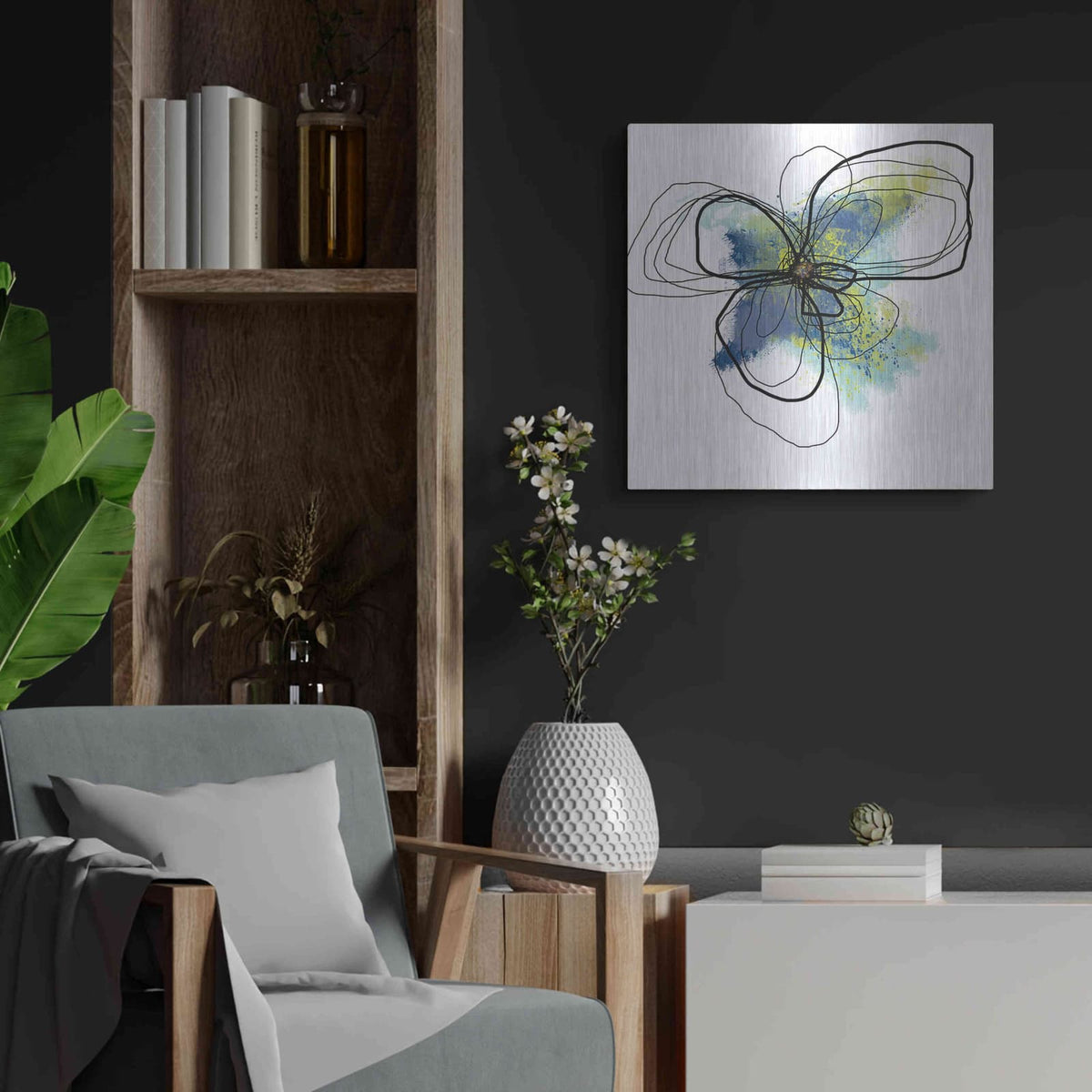 'Azure Petals II' by Jan Weiss – Metal Wall Art, 24x24 room view