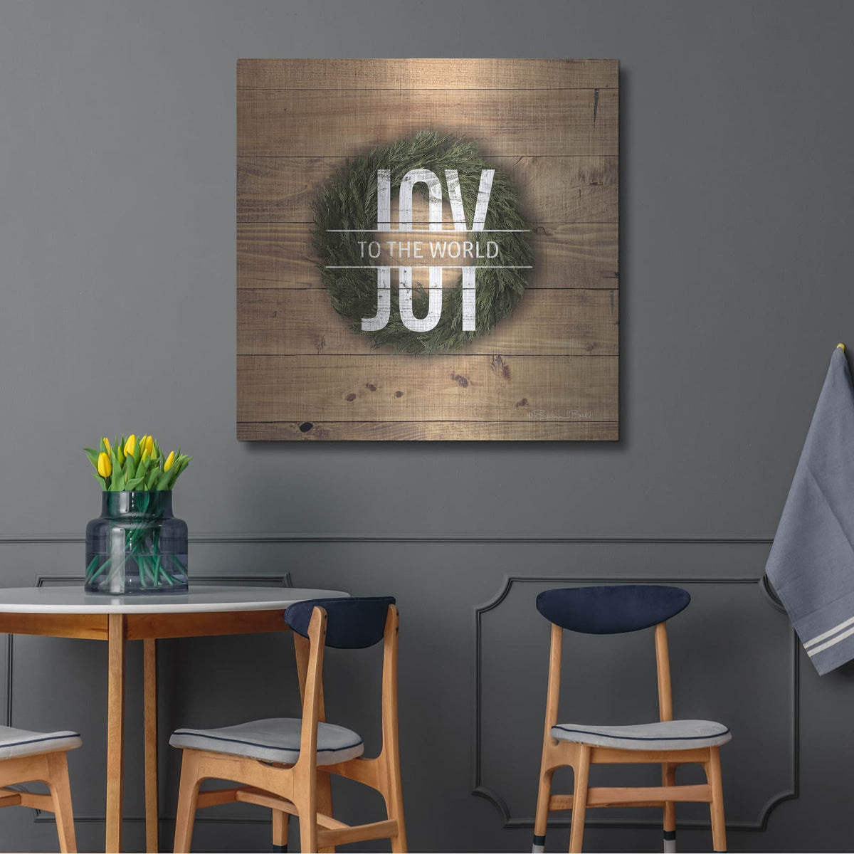 'Joy to the World with Wreath' by Susan Ball – Metal Wall Art, 36x36 room view