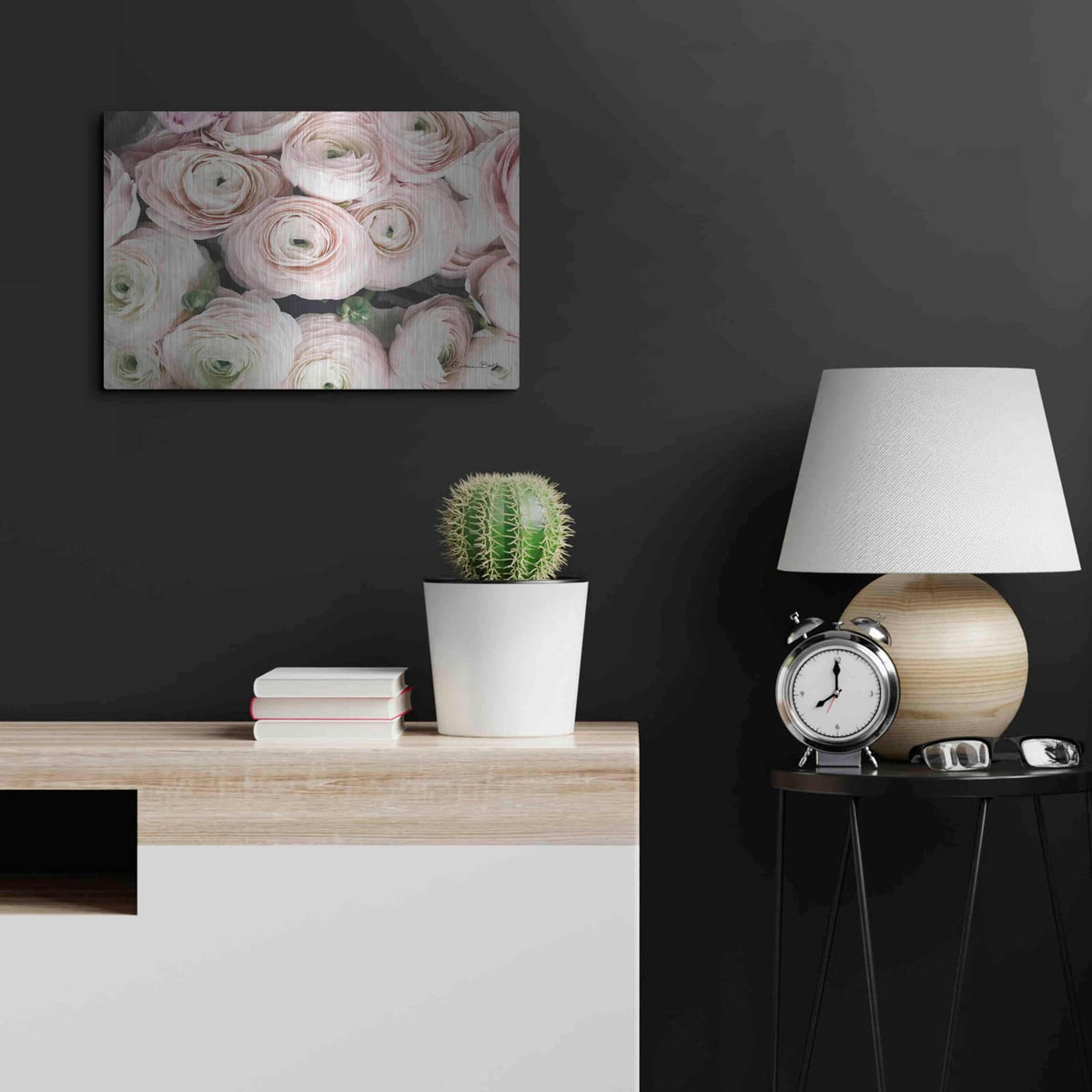 'Soft Pink Ranunculus' by Susan Ball – Metal Wall Art, 24x16 room view