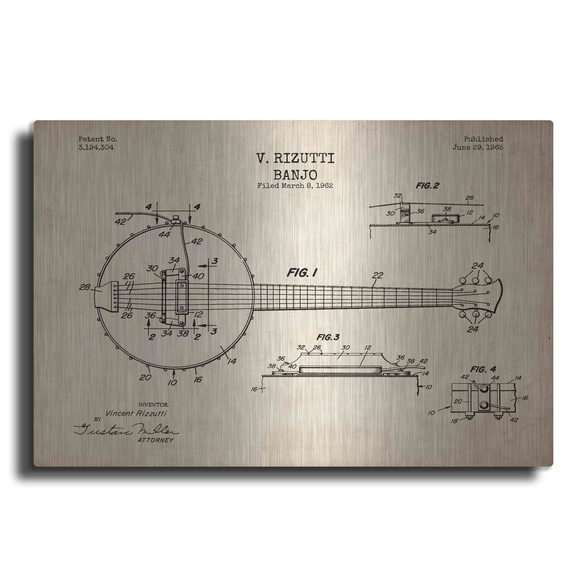 'Banjo Blueprint Patent Parchment' – Metal Wall Art