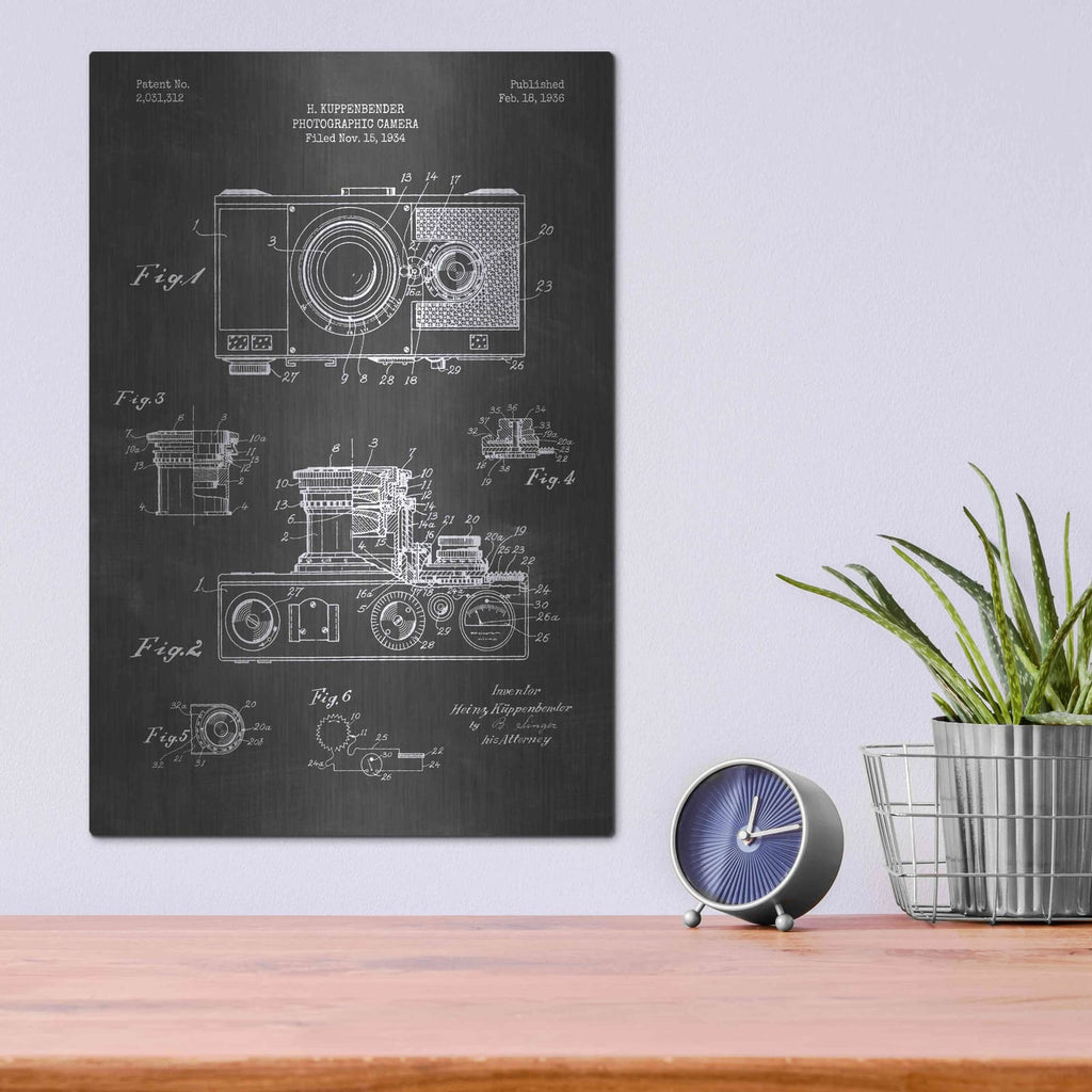 'Camera, 1936 Blueprint Patent Chalkboard' – Metal Wall Art, 12x16 room view