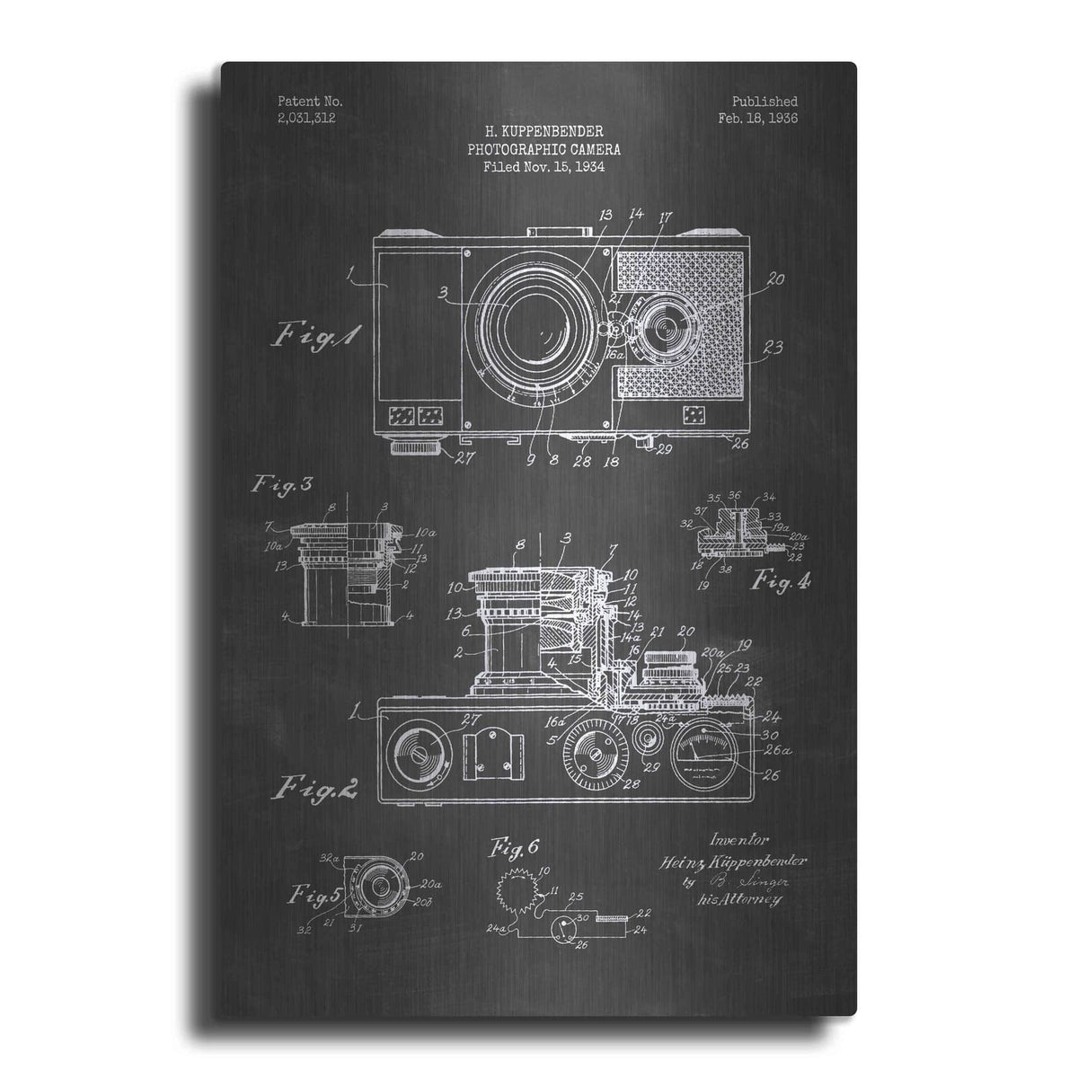'Camera, 1936 Blueprint Patent Chalkboard' – Metal Wall Art