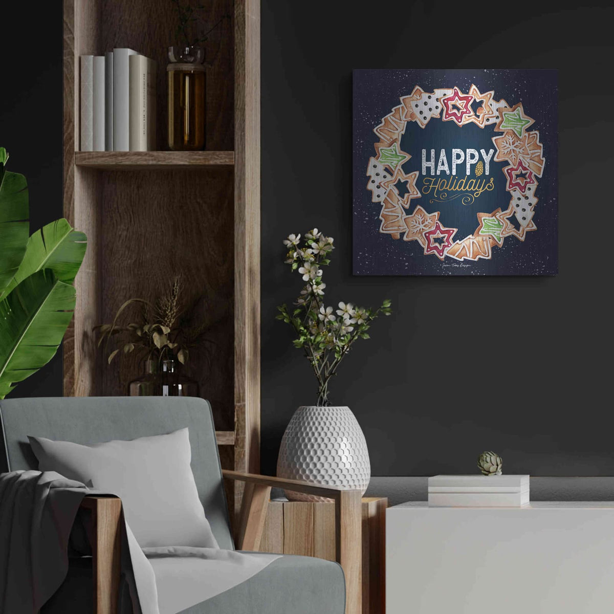 'Gingerbread Happy Holidays Wreath' by Seven Trees Design – Metal Wall Art, 24x24 room view