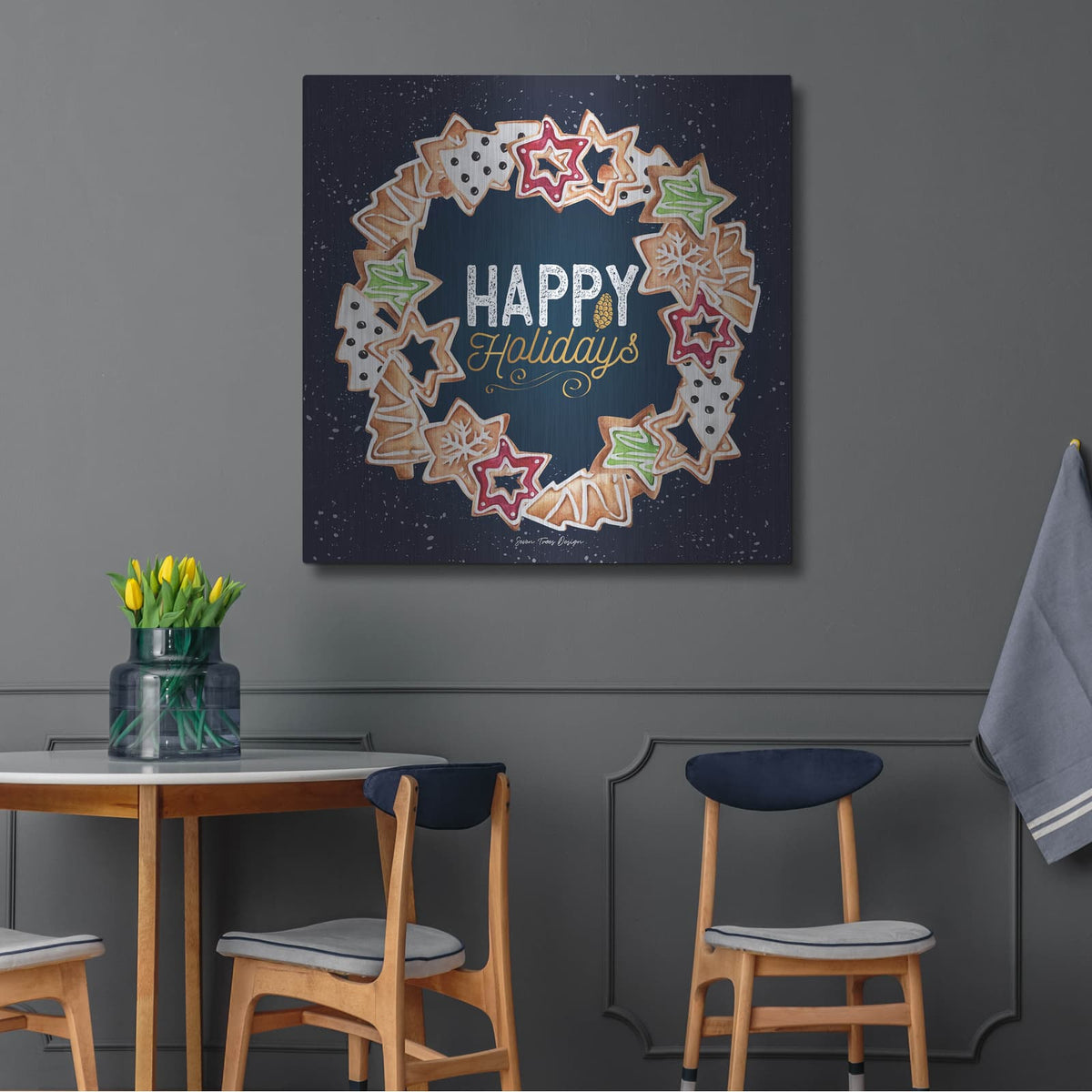 'Gingerbread Happy Holidays Wreath' by Seven Trees Design – Metal Wall Art, 36x36 room view