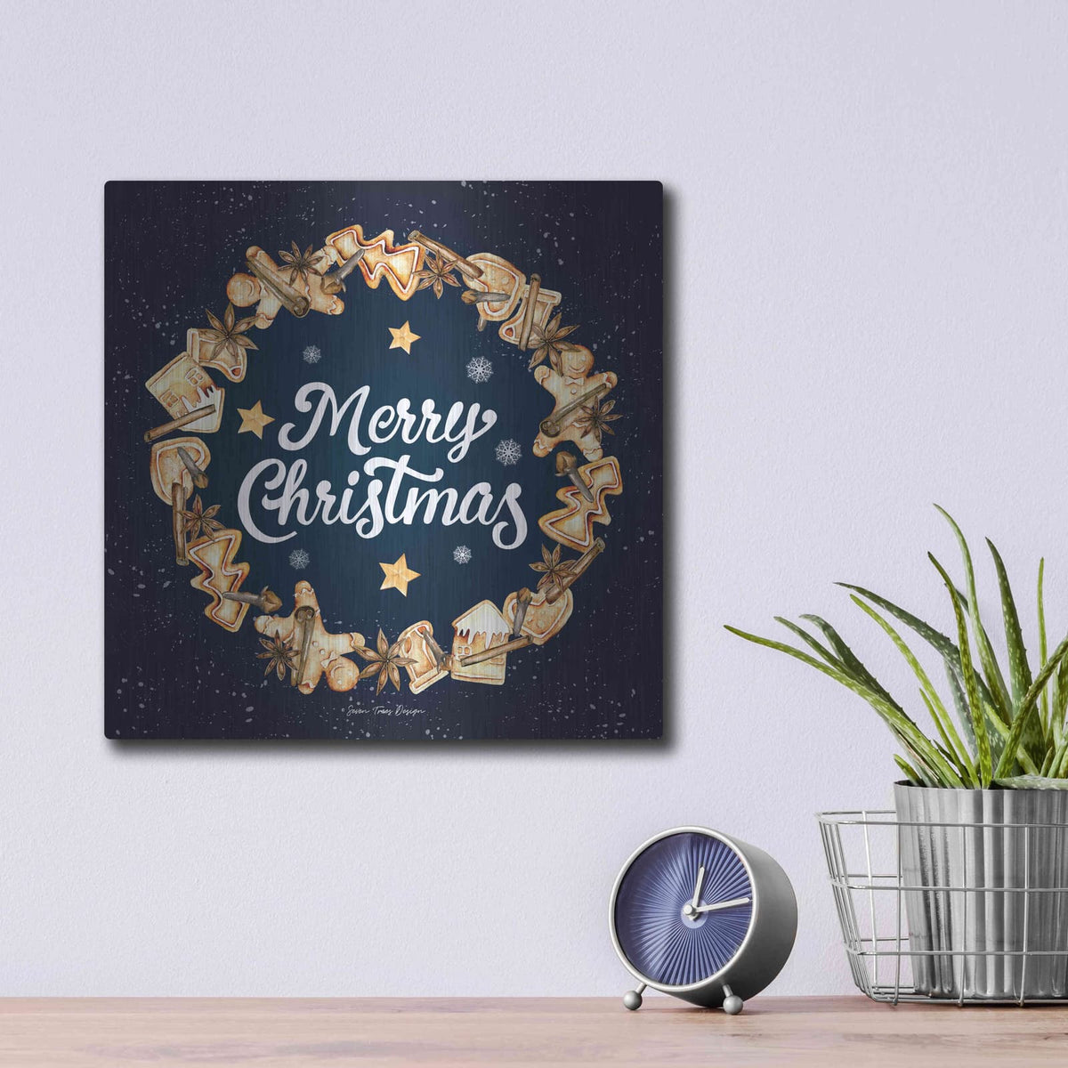 'Gingerbread Merry Christmas Wreath' by Seven Trees Design – Metal Wall Art, 12x12 room view