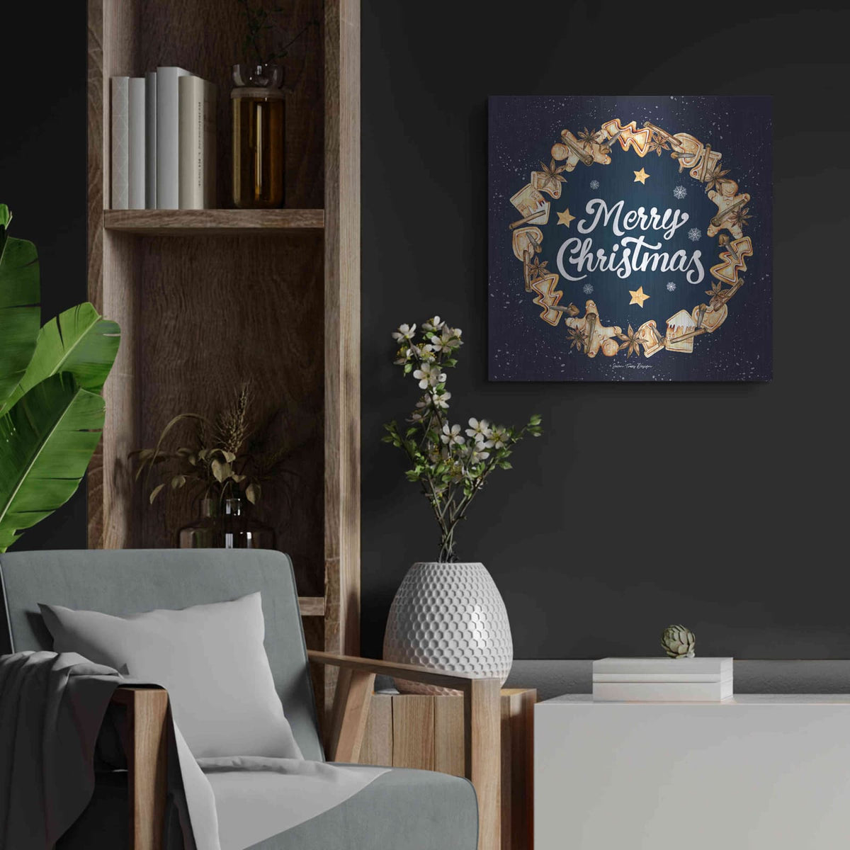 'Gingerbread Merry Christmas Wreath' by Seven Trees Design – Metal Wall Art, 24x24 room view