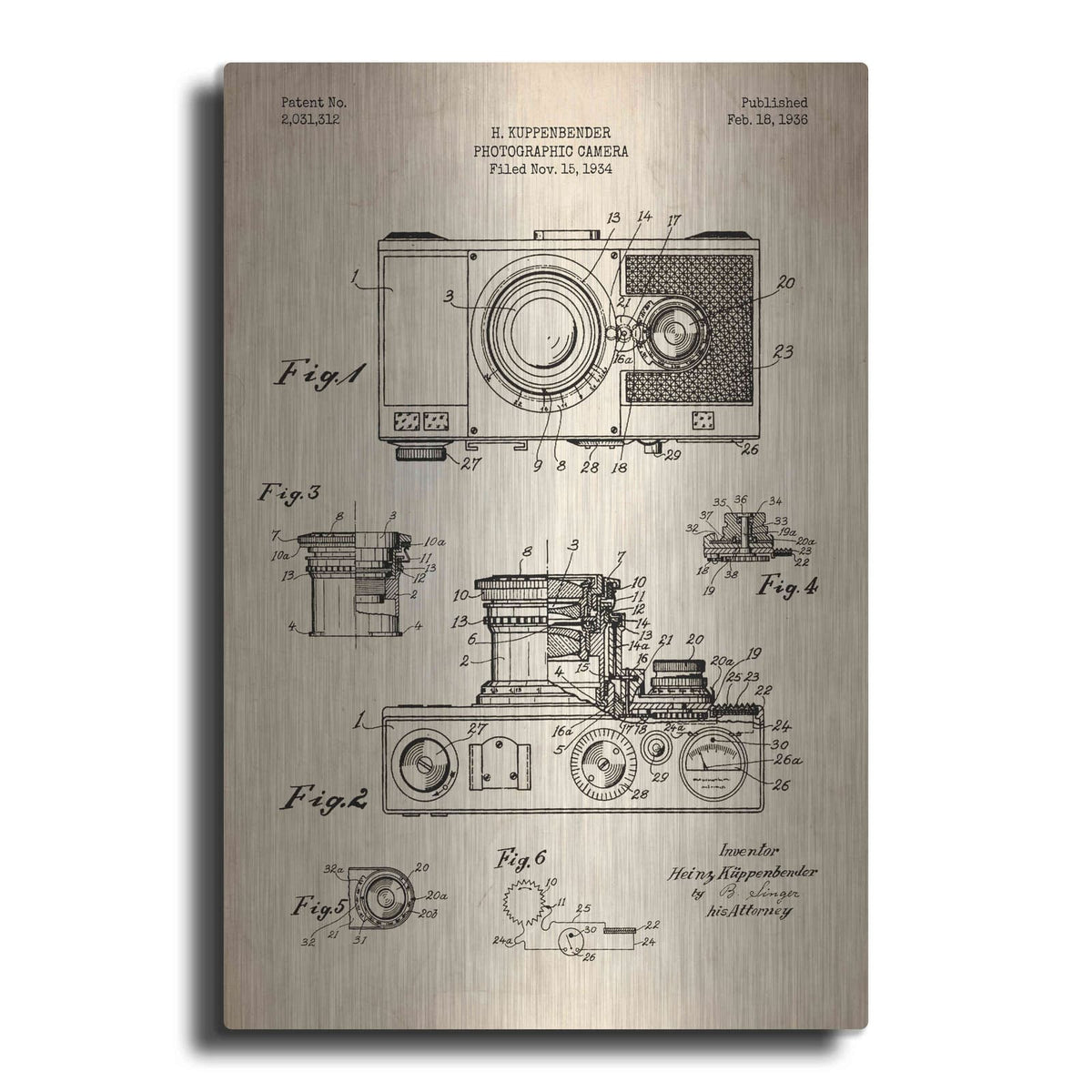 'Camera, 1936 Blueprint Patent Parchment' – Metal Wall Art