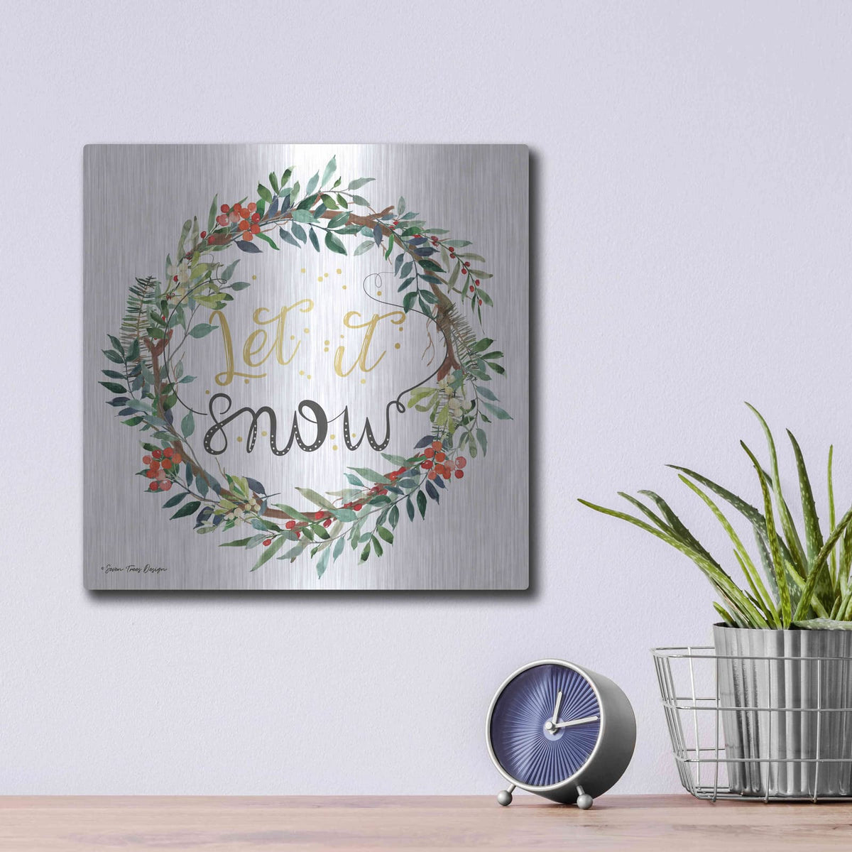 'Let It Snow Wreath' by Seven Trees Design – Metal Wall Art, 12x12 room view