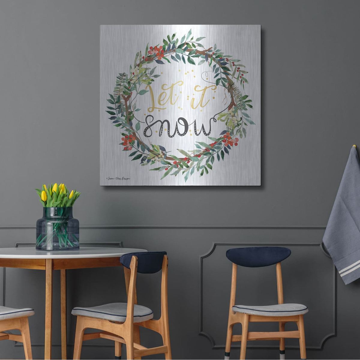 'Let It Snow Wreath' by Seven Trees Design – Metal Wall Art, 36x36 room view