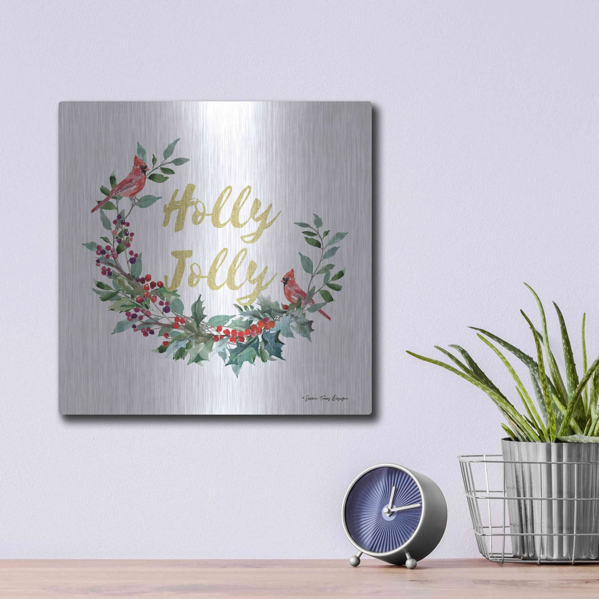 'Holly Jolly Cardinal Wreath' by Seven Trees Design – Metal Wall Art, 12x12 room view