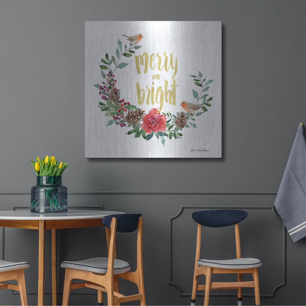 'Merry and Bright Robin Wreath' by Seven Trees Design – Metal Wall Art, 36x36 room view