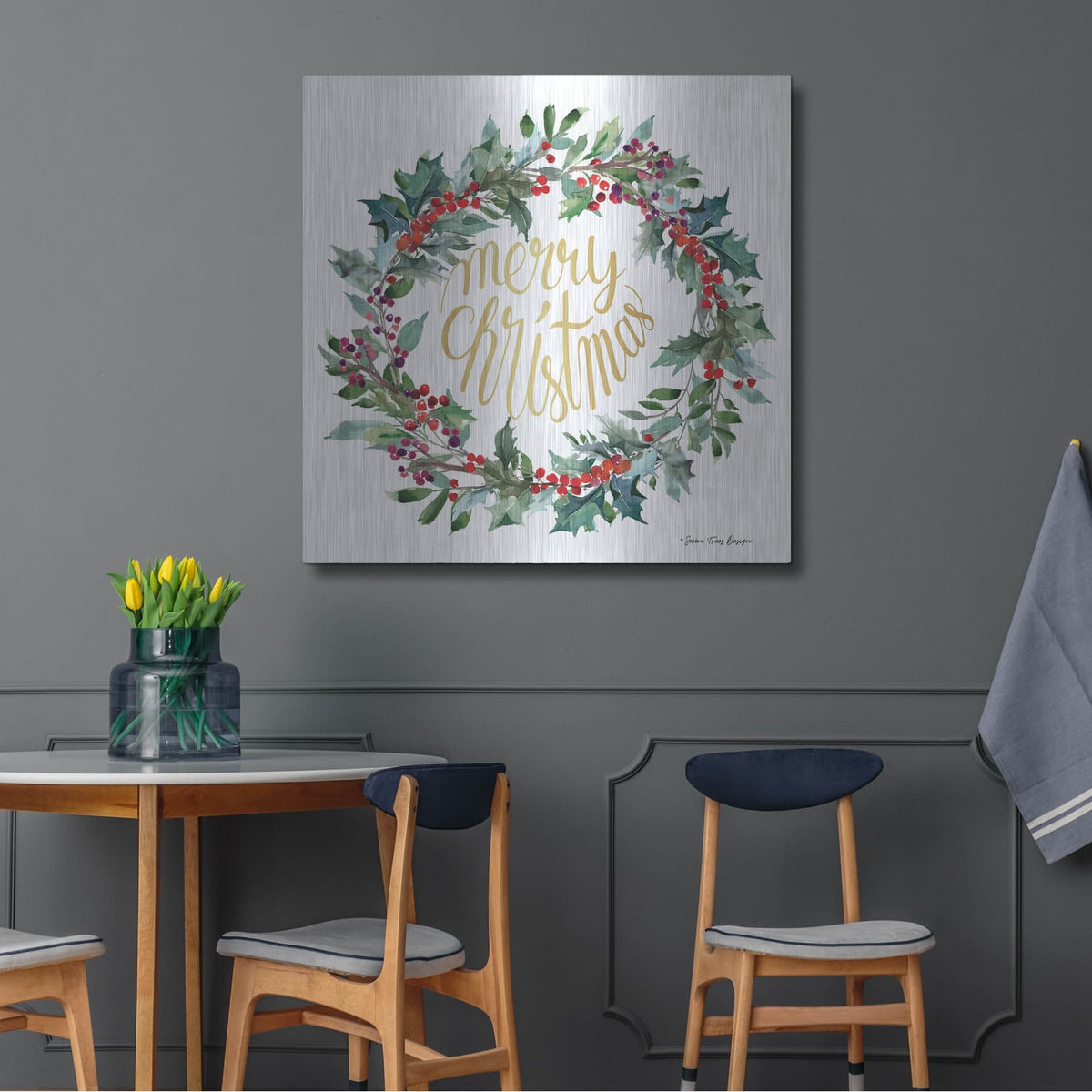 'Merry Christmas Holly Wreath' by Seven Trees Design – Metal Wall Art, 36x36 room view