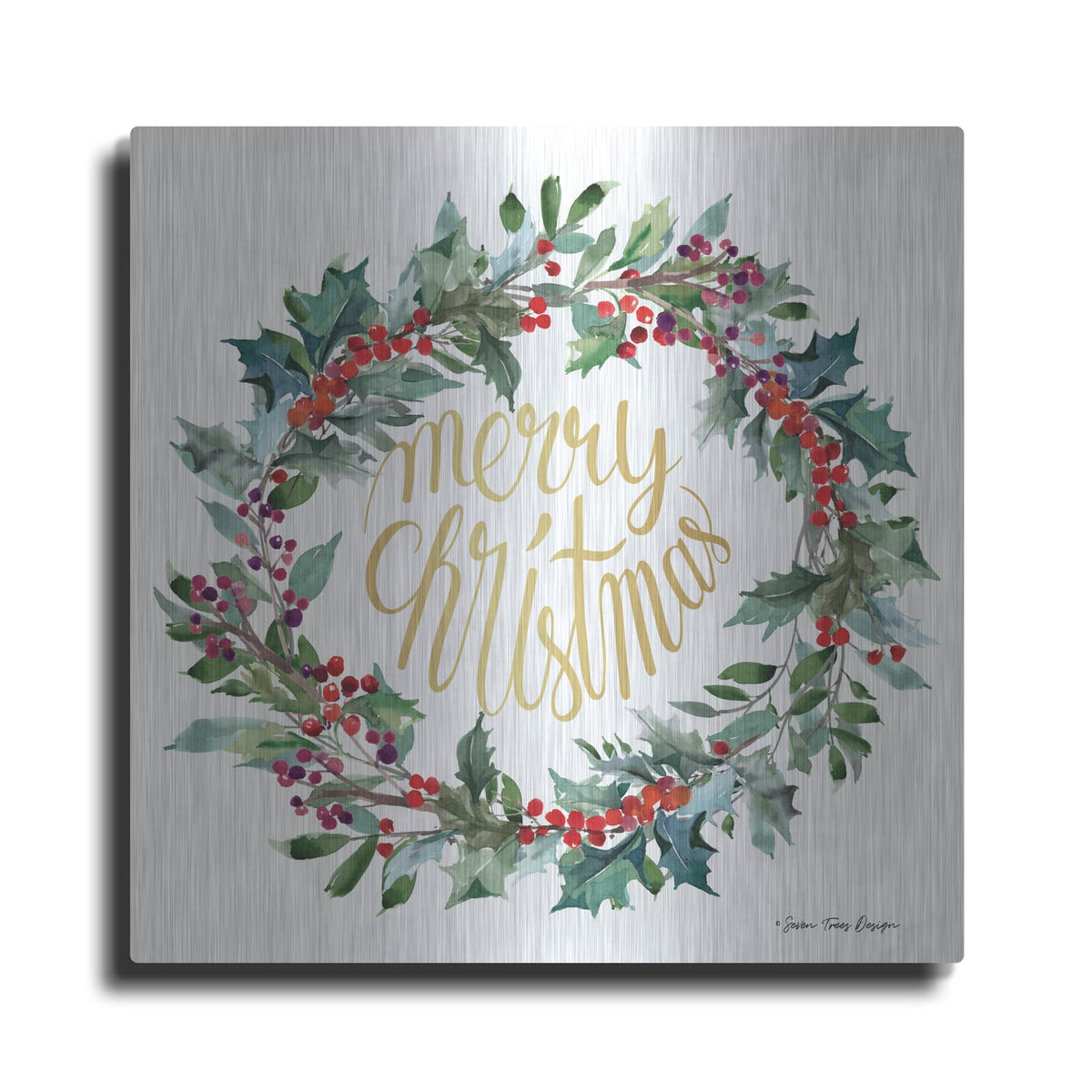 'Merry Christmas Holly Wreath' by Seven Trees Design – Metal Wall Art
