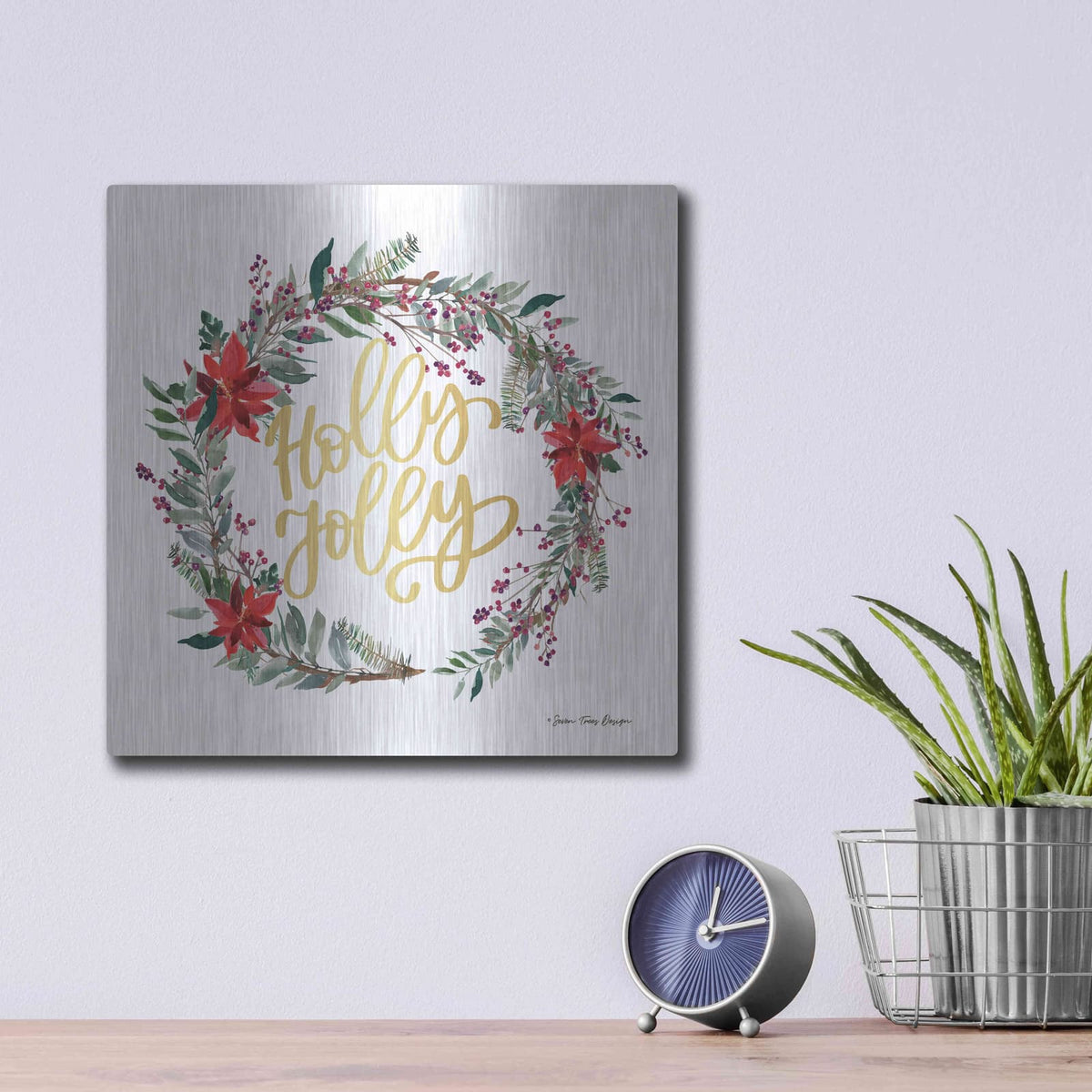 'Holly Jolly Poinsettia Wreath' by Seven Trees Design – Metal Wall Art, 12x12 room view