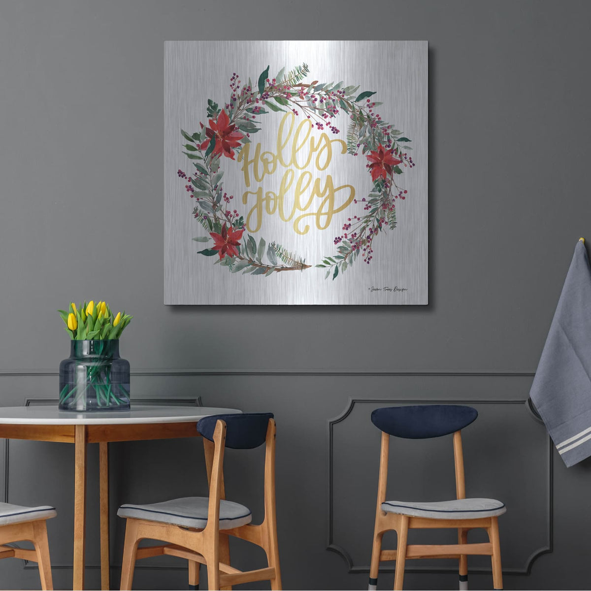 'Holly Jolly Poinsettia Wreath' by Seven Trees Design – Metal Wall Art, 36x36 room view