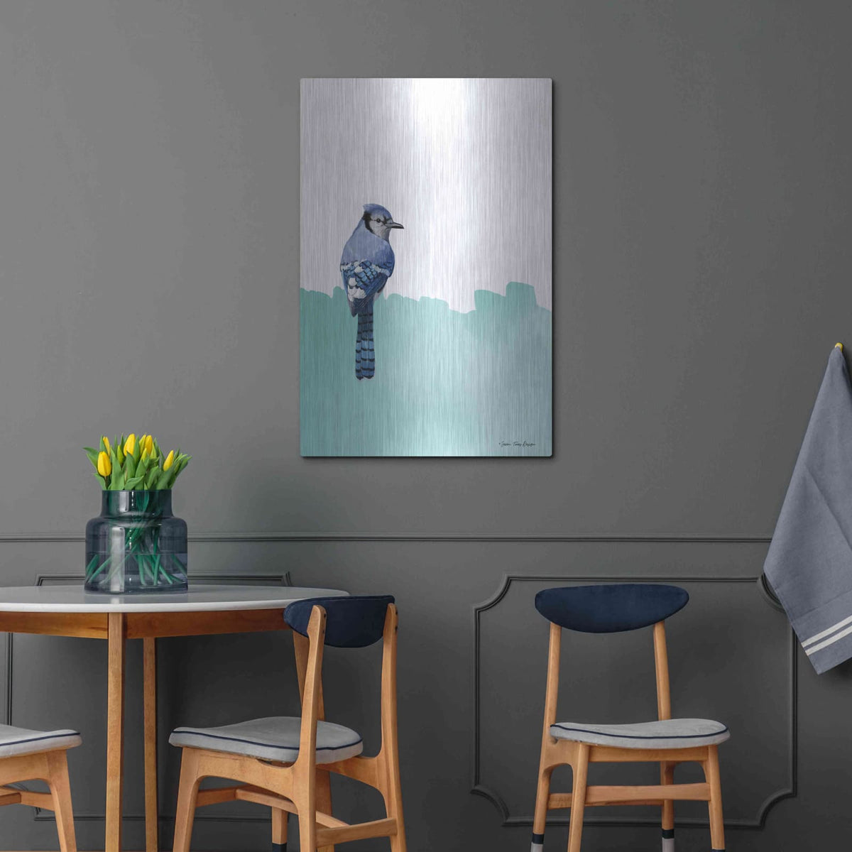 'Bird on Blue' by Seven Trees Design – Metal Wall Art, 24x36 room view