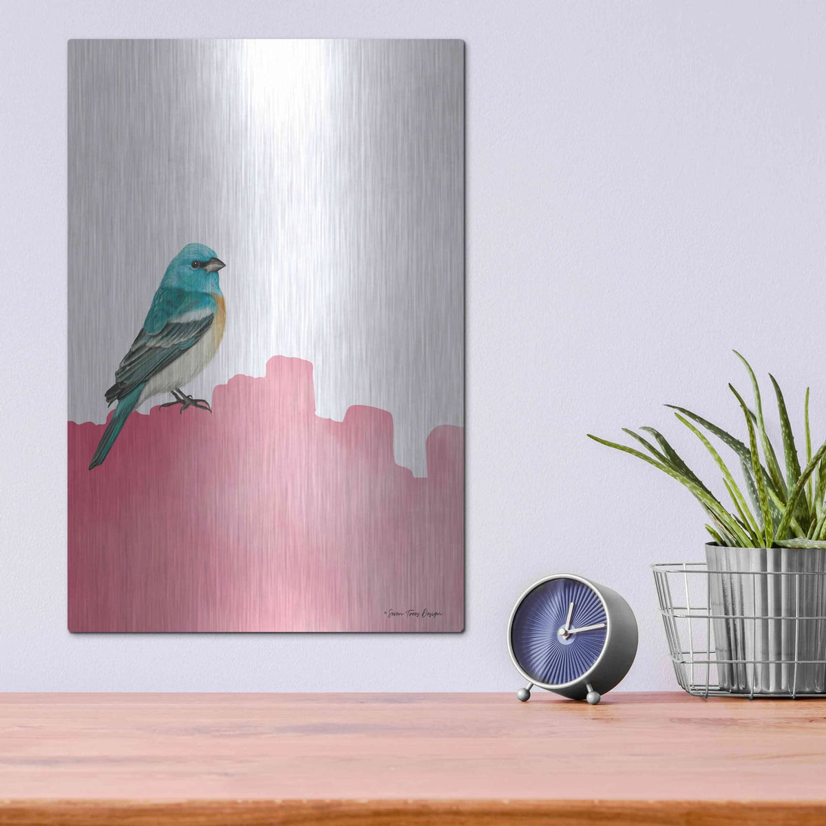 'Bird on Pink' by Seven Trees Design – Metal Wall Art, 12x16 room view