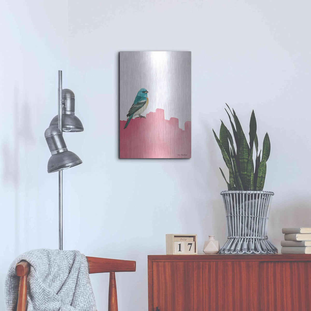 'Bird on Pink' by Seven Trees Design – Metal Wall Art, 16x24 room view