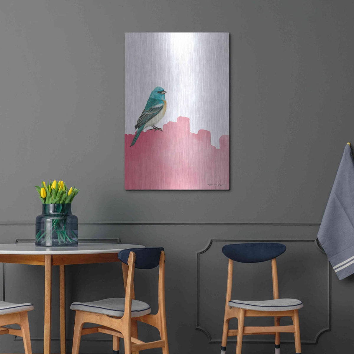 'Bird on Pink' by Seven Trees Design – Metal Wall Art, 24x36 room view