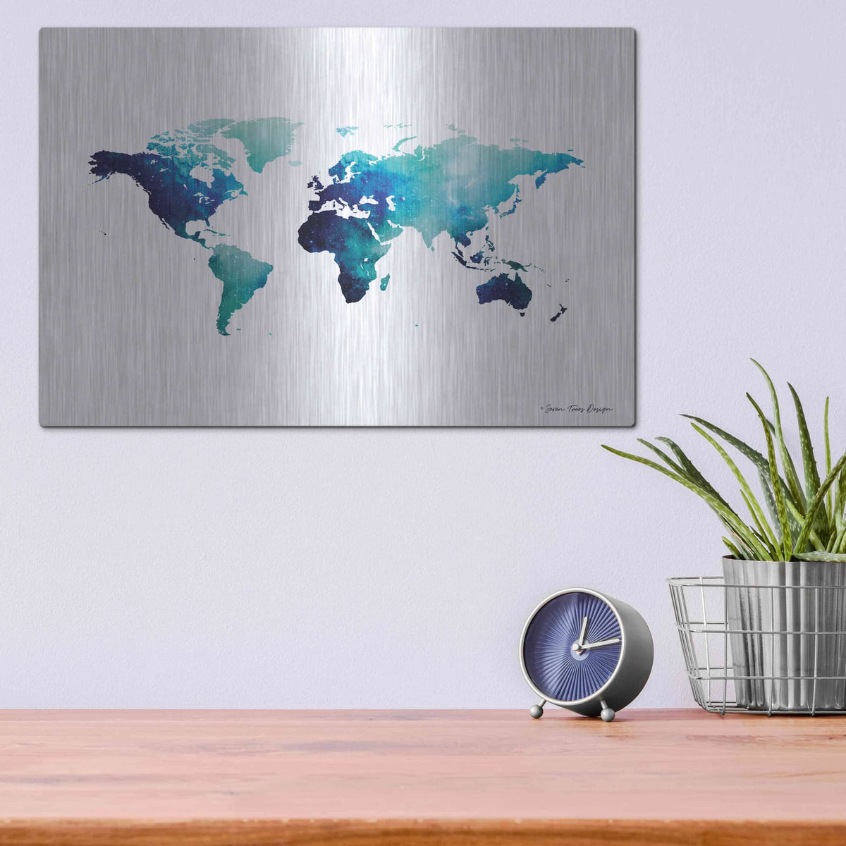 'Blue Space World Map' by Seven Trees Design – Metal Wall Art, 16x12 room view