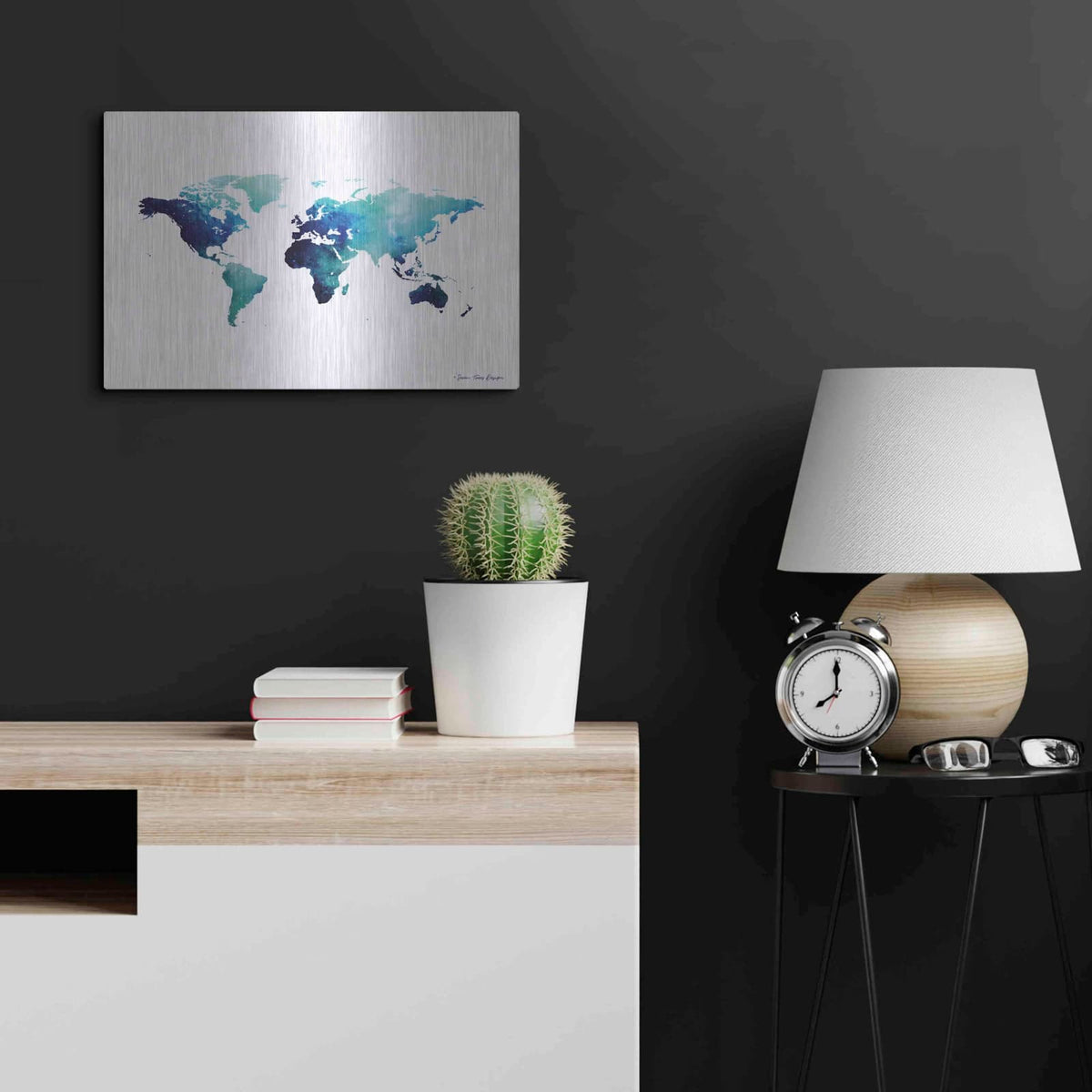 'Blue Space World Map' by Seven Trees Design – Metal Wall Art, 24x16 room view