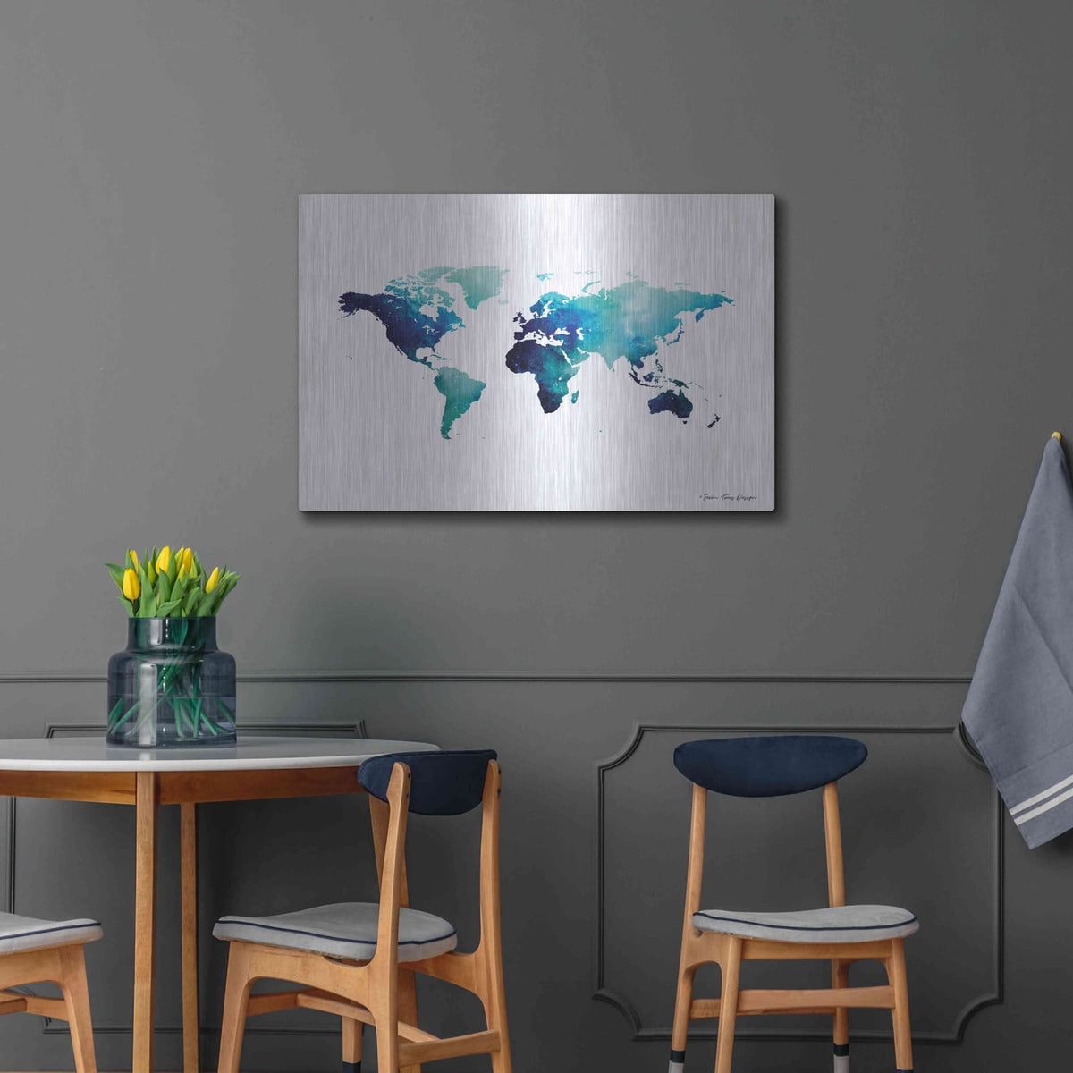 'Blue Space World Map' by Seven Trees Design – Metal Wall Art, 36x24 room view